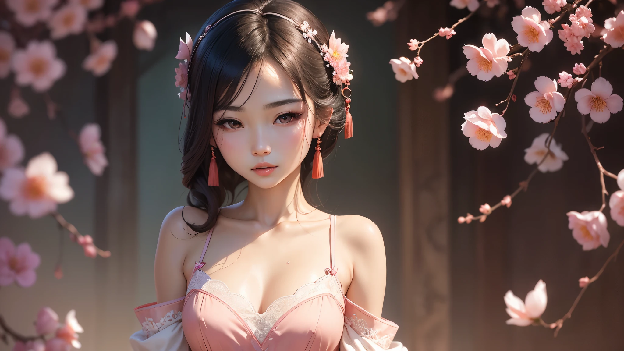 Gentle and charming Chinese beautiful woman, half-length photo, delicate and sexy collarbone, charming oval face, double eyelids, vivid peach blossom eyes, pink lips, small nose, bare shoulders, focused face, face close-up, ultra-high-definition, Super details, elegant standing posture, ultra-thin light-transmitting wet yarn