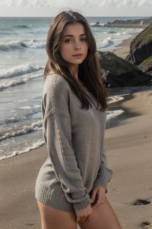 beautiful asiate, beautiful, ultrarealistic, medium hair, brune hair, high quality, grey sweater ,naked, background at the beach