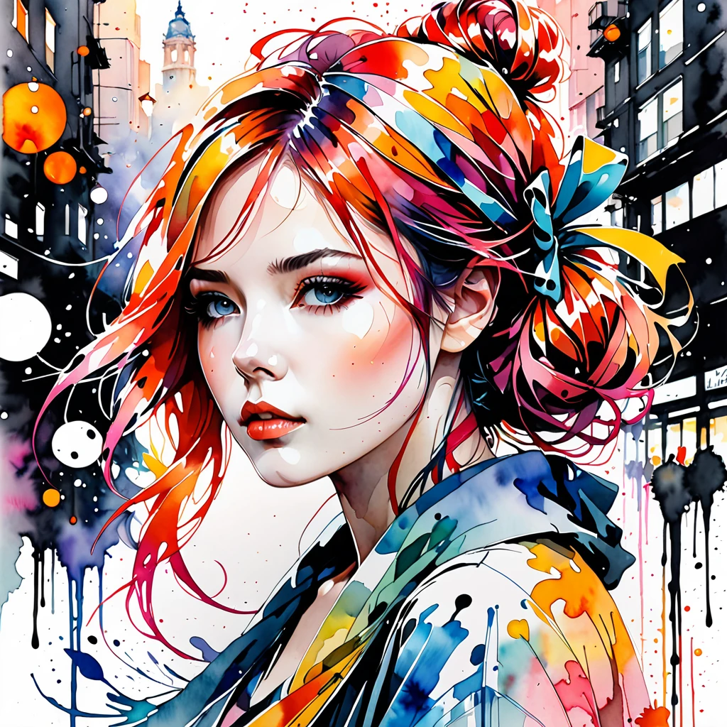 (8k, best quality, masterpiece:1.2),(best quality:1.0), (ultra highres:1.0), watercolor, a beautiful woman, shoulder, hair ribbons, by agnes cecile, full body portrait, extremely luminous bright design, pastel colors, (ink:1.3), autumn lights, full body