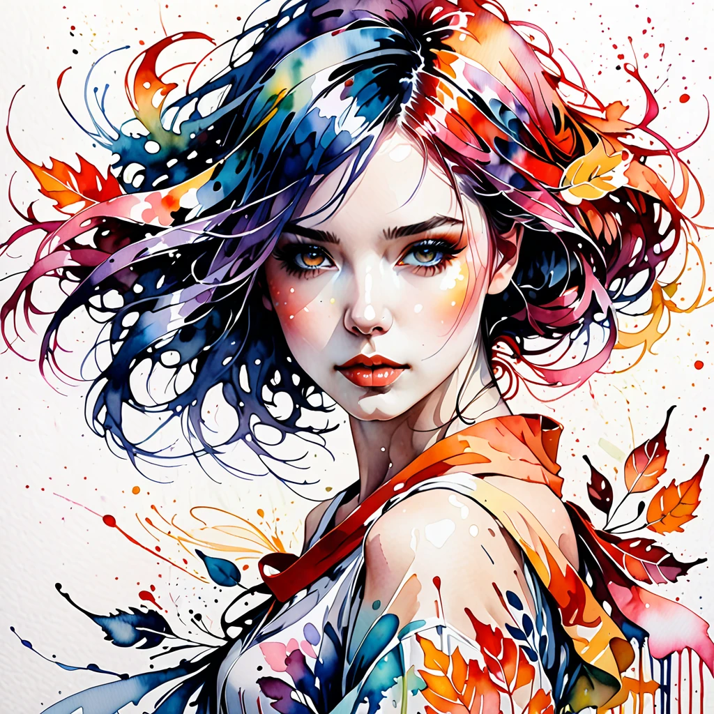 (8k, best quality, masterpiece:1.2),(best quality:1.0), (ultra highres:1.0), watercolor, a beautiful woman, shoulder, hair ribbons, by agnes cecile, full body portrait, extremely luminous bright design, pastel colors, (ink:1.3), autumn lights, full body