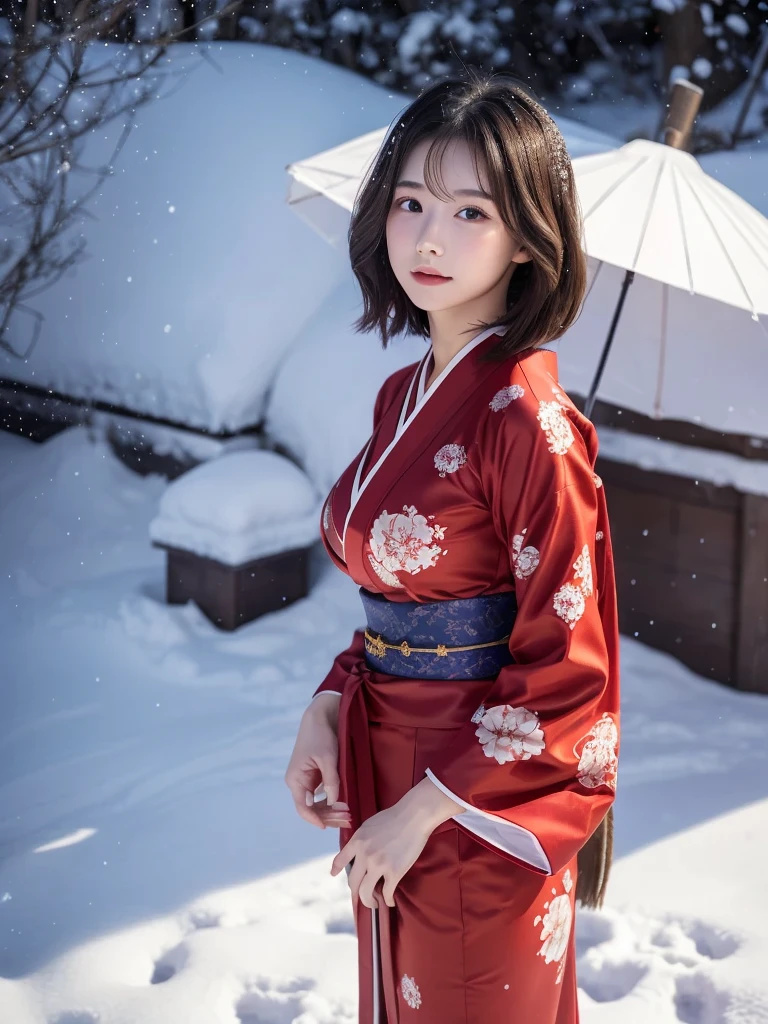 A gorgeous Japanese lady, 22-year-old, gravure model, wearing a red kimono, exquisitely detailed, photorealistic, masterpiece quality, 16k ultra-high resolution. Flawless skin texture, healthy complexion, enormous round breasts, a little cleavage, Short dark hair in a bob style. Surrounded by falling snow at night, with the light reflecting off the snow. Hair swaying gently in the wind.