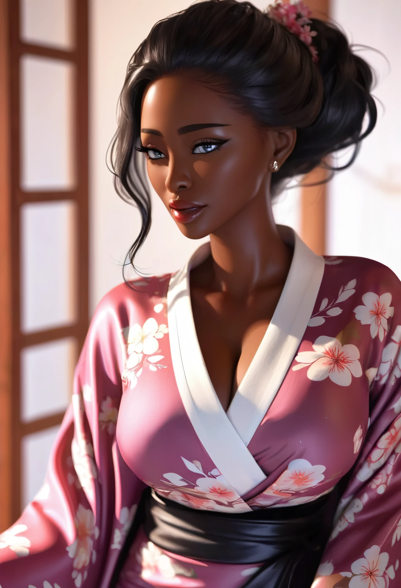 (masterpiece, best quality:1.2),Wavy hair female secretary，Solitary,Exquisite eyes,Delicate black hair，Charming eye shadow( Black person:1.2)( dark skin:1.2)，african man,( Smooth skin:1.2)( Wear a sexy kimono:1.2)， Slender body proportions，Wet sexy plump lips，Perfect fingers，Large Breasts