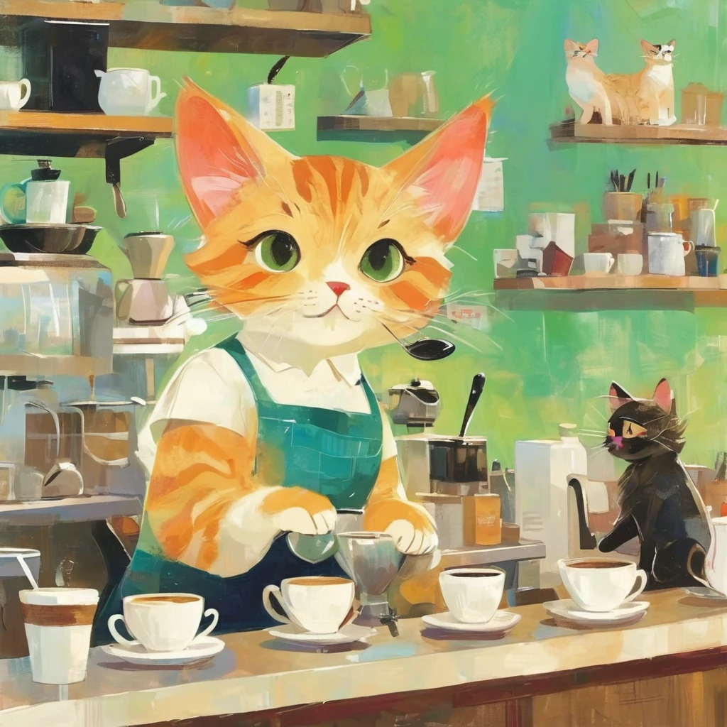 Cat being a barista,in coffee shop,