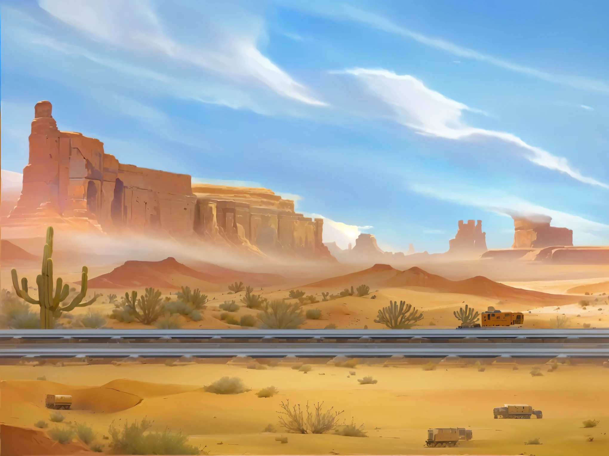 An oil painting depicting a desert scene，A train passes by in the painting, Canyon Background, Wild West background, background technology, Western Background, background technologywork, Landscape Game Concept Art, Depicted as game concept art, Desert Background, new mexican Desert Background, 2D Game Art Background, Desert landscape, Desert Highway, Monument Valley style, Desert scenery, Desert Environment, Desert Table