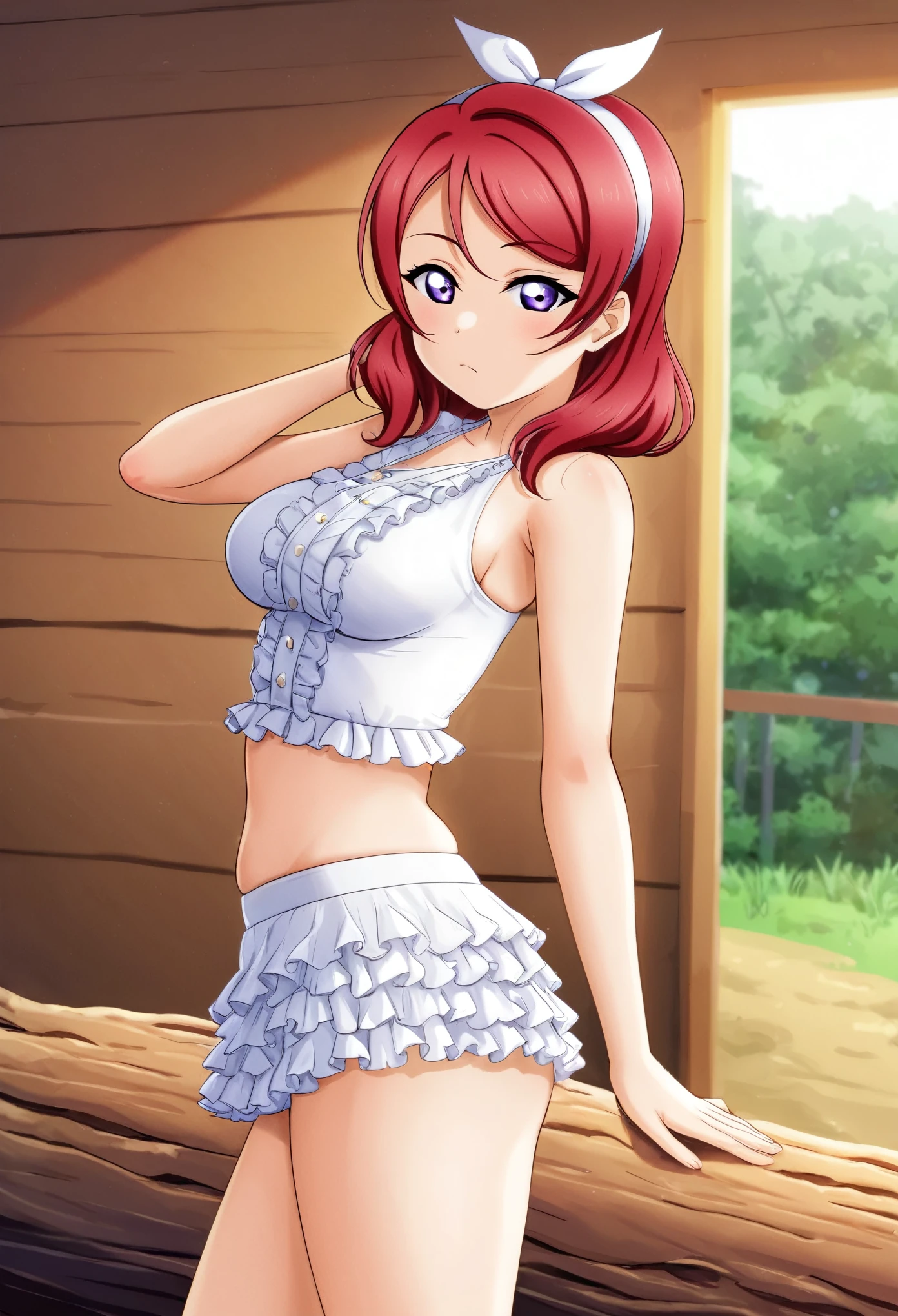 Masterpiece, best quality, love live style,solo, nishikino maki, red hair, purple eyes,breasts, looking_at_viewer, bored, hairband, white summer dress, midriff,skindentation, standing,in log cabin, transparent frills