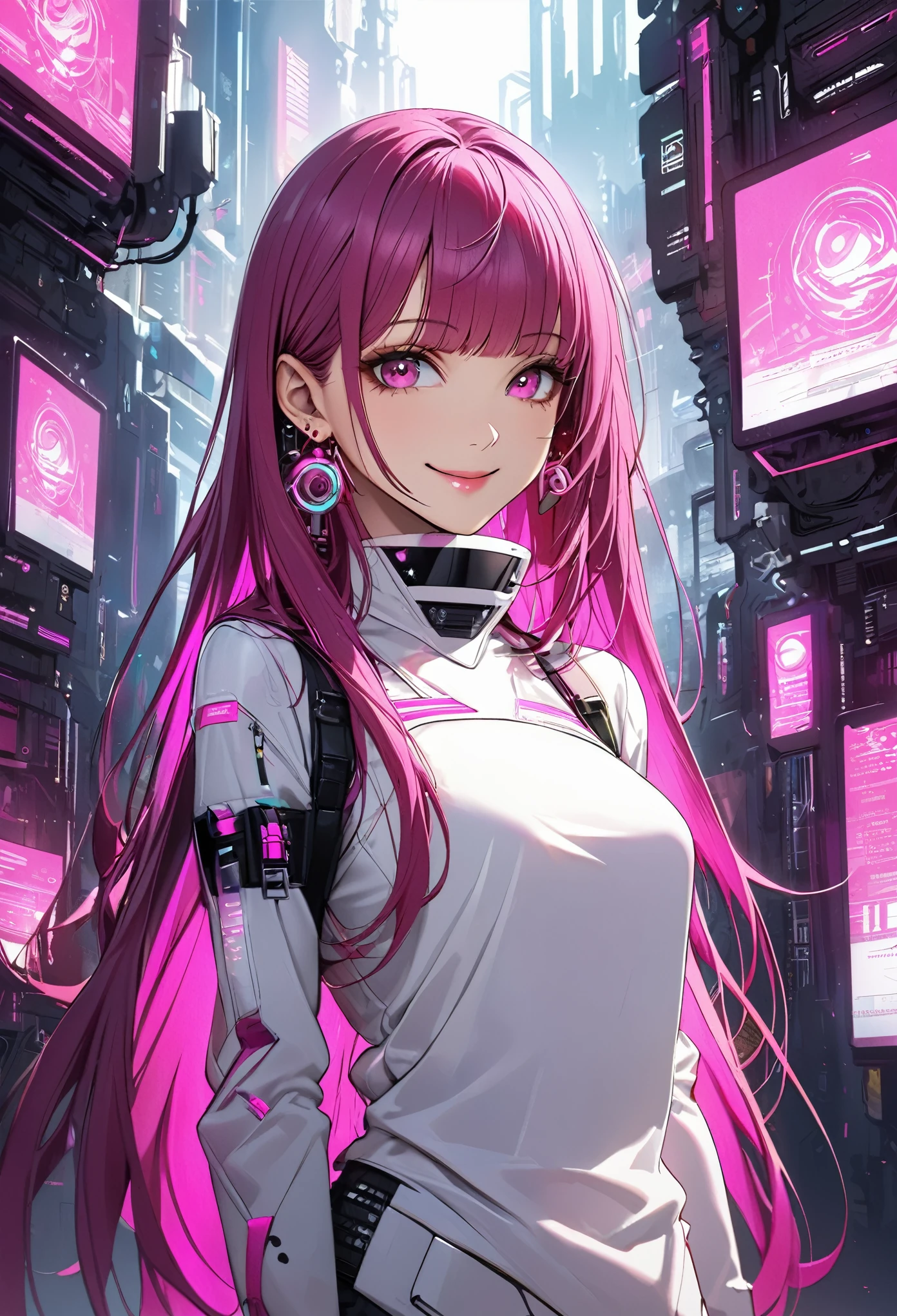 beautiful, alone, 1 female, mature, Long Hair, Magenta hair with bangs, Half tie、Half tie, Hot pink eyes, White clothes, Smile Facial, Futuristic, cyber punk, You say, Earrings
