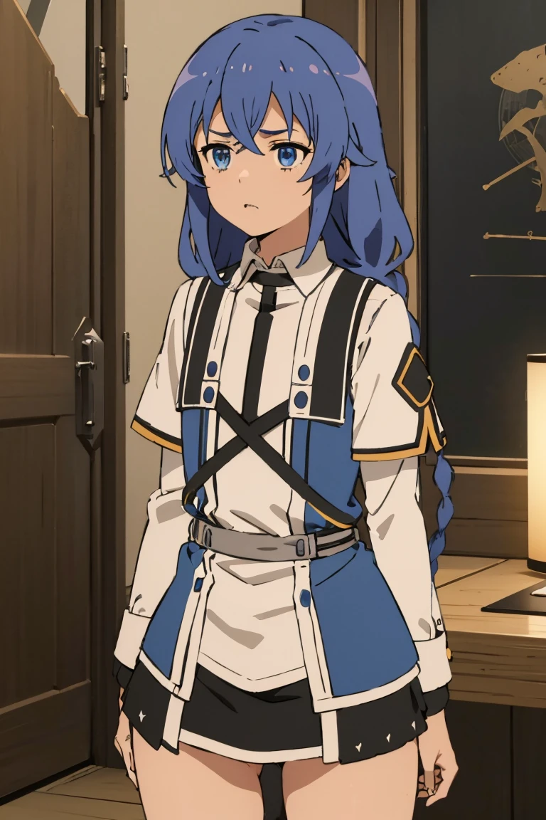 music_Migueldia(Mushoku Tensei)、1 girl, masterpiece、quality、blue eyes、Dark blue hair、Double braid}、{leading}、{{Kurta}}、Sartori、Pupil constriction, Bite the bullet, angry,、looking at the audience、{Low Angle}, {Lower Body}、National Foundation, {{Sexy}}、(Put your hand in your underwear:1.4),Open your legs,white underwear,(hand in panties:1.4),white panties,