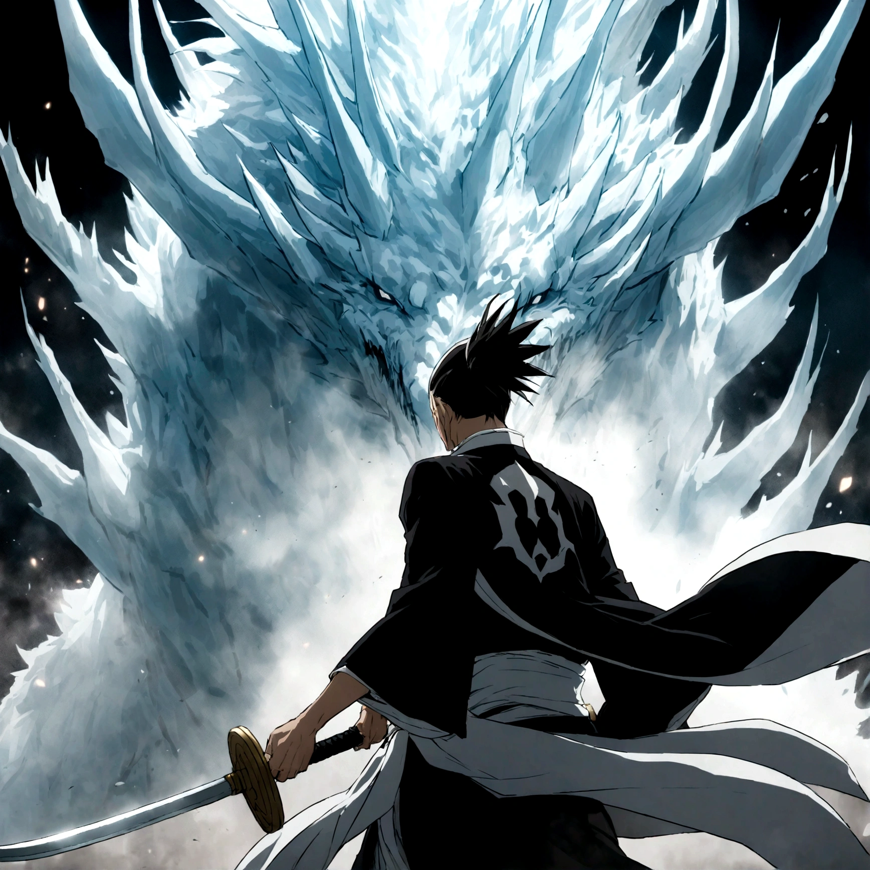 Histugaya from Bleach, wielding zanpakutou, Ice dragon hyourinmaru on the back