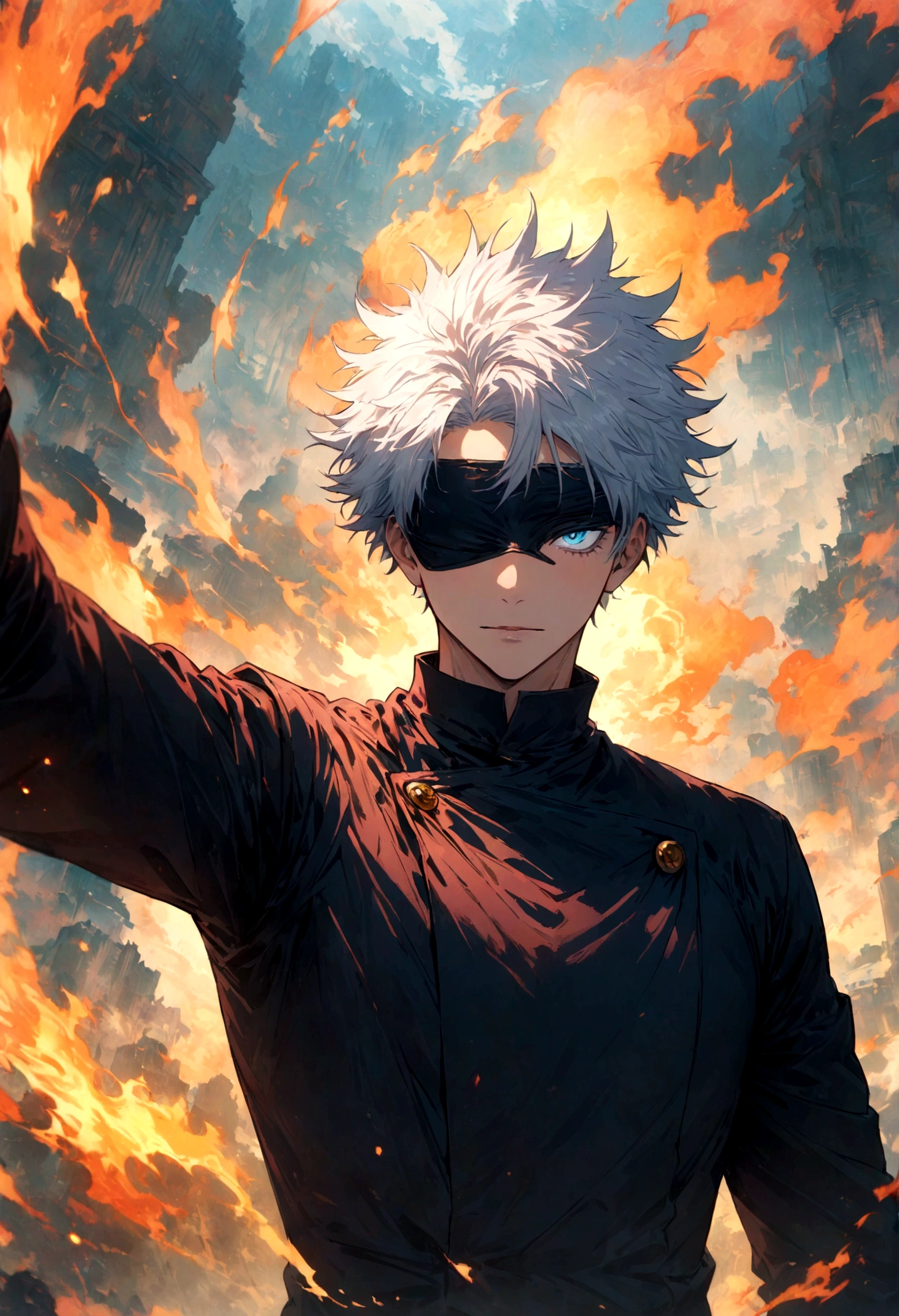 (1 male,satoru gojo,jujutsu kaisen,Gray Hair,Spiky hair),(Gojo Satoru Costume Details:Black clothes with a high collar,Black blindfold), (Infinite Emptiness)Draw a scene from,BREAK,(Lift the blindfold to reveal one eye:Blue Eyes:A pale flame rises from your eyes:Pale-white flame effect rising from one eye,Eye details:The look in the man&#39;s eyes as he prepares to unleash his special move),BREAK,(Make a palm seal with one hand:Cross your index and middle fingers),Cynical smile,,tall,A highly likeable male character,Rising Energy,Ishida Midori Style,I was impressed by Yoshihiro Togashi.,,Intricate details,Wind,Impressive illustration work,Decadent,artwork,Perfect Anatomy,Anatomically correct,,Dynamically,nice,wonderful,Dark fantasy,Light and Darkness,Coming this way,(masterpiece:1.3),(highest quality:1.4),(ultra detailed:1.5),High resolution,extremely detailed,unity 8k wallpaper