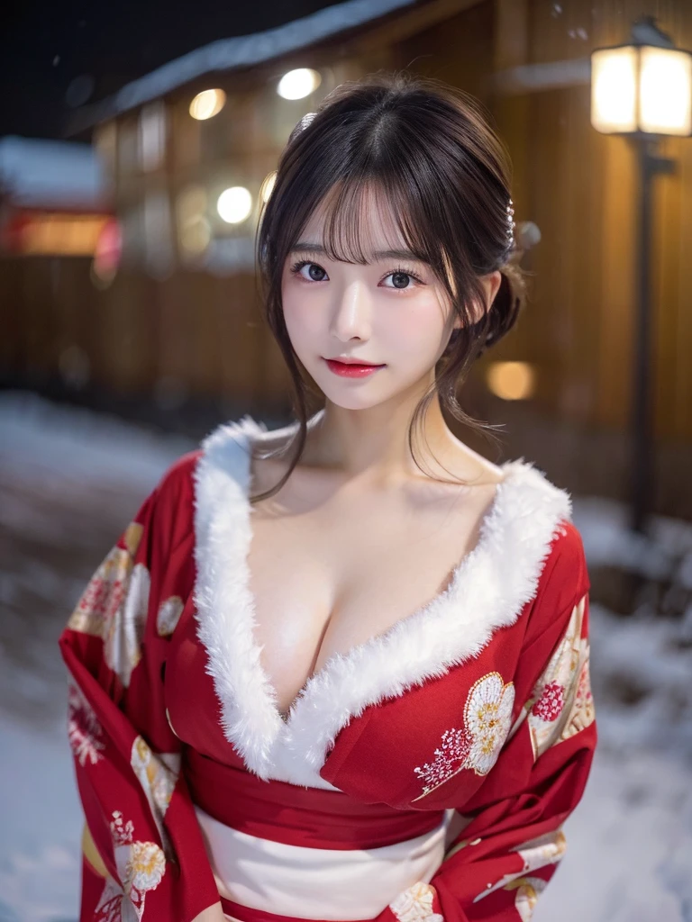 A gorgeous Japanese lady, 22-year-old, gravure model, wearing a red kimono, exquisitely detailed, photorealistic, masterpiece quality, 16k ultra-high resolution. Flawless skin texture, healthy complexion, enormous round breasts, Short dark hair in a bob style. Surrounded by falling snow at night, with the light reflecting off the snow. Hair swaying gently in the wind.