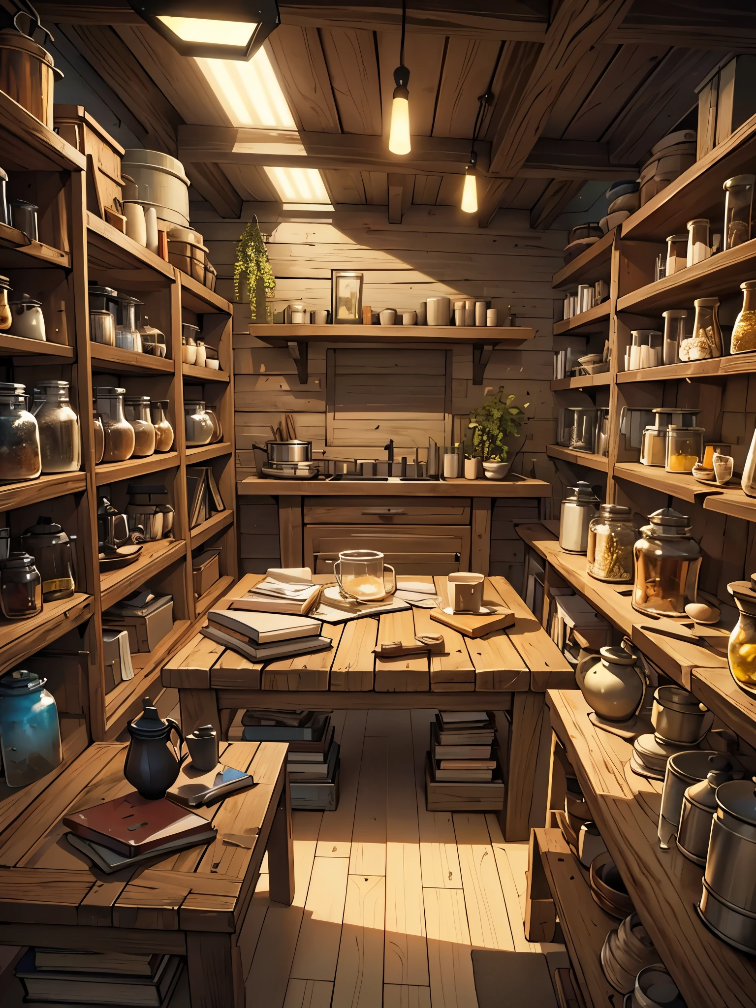 4k ultra HD landscape very detailed, workshop, large wooden table with tools and gadgets on it, shelves on either side of the table with various chunks of different color rocks and metals and jars of different colored powders, some books on the shelves