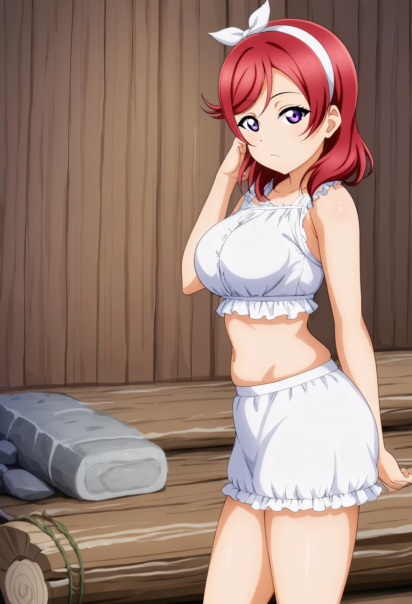 Masterpiece, best quality, love live style,solo, nishikino maki, red hair, purple eyes,breasts, looking_at_viewer, bored, hairband, long white summer dress, midriff,skindentation, standing,in log cabin
