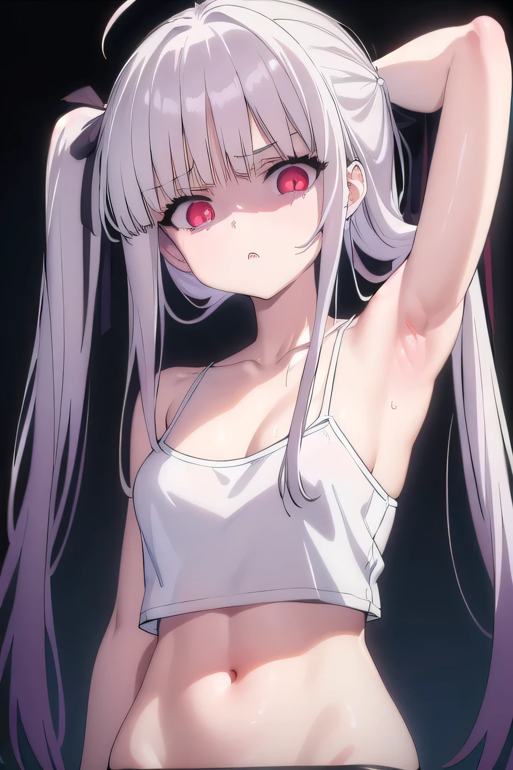 masterpiece, best quality, ultra-high-detailed, Disgusted face, white hair, red eyes, sigtuna julie , small breast, looking to viewer, deep eyes,  glare eyes, black crop top, camisole, bare shoulder, focus to face, black background, upper body , cleavage, sweated a lot, right arm up, one arm behind head, armpit crease, sweated all body, sweaty croptop, 