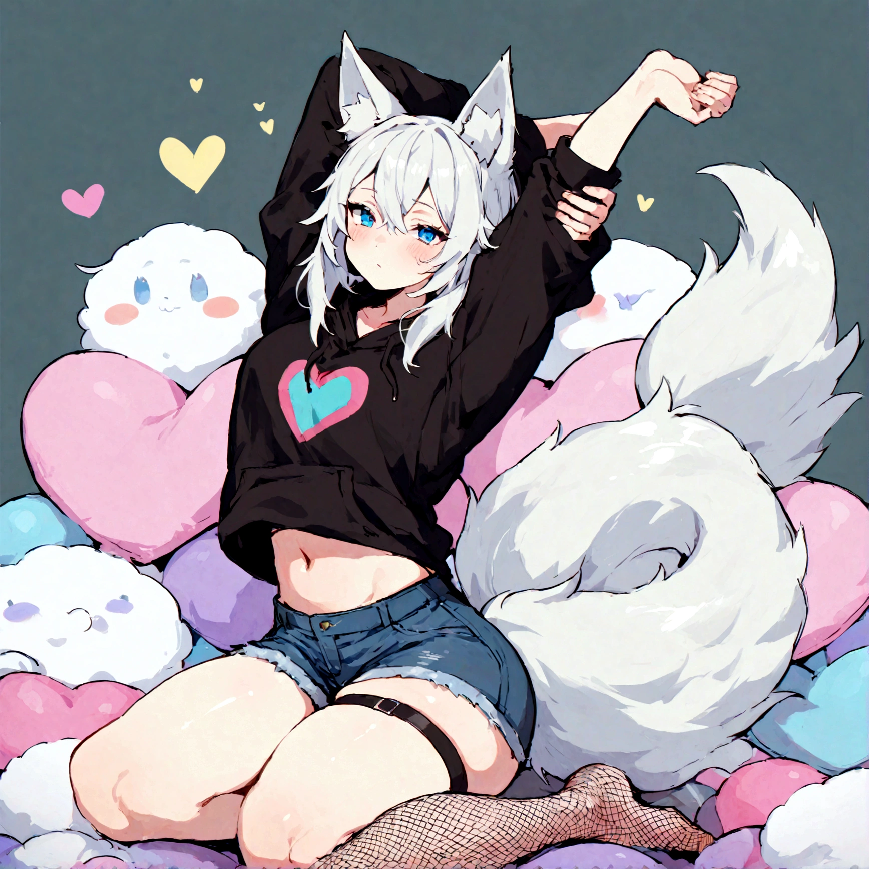 a cute adult male with wolf ears, white hair, has a wolf tail, wearing a loose cropped oversized black hoodie, wearing a pair of denim short shorts and fishnet stockings, thick thighs, wide hips, relaxing on mound of fluffy multi colored kawaii plushies, short, very slim, showing slender tummy, stretching out, heart on hoodie, squishy thighs, has glowing blue eyes. alone, solo (ALONE)(SOLO)