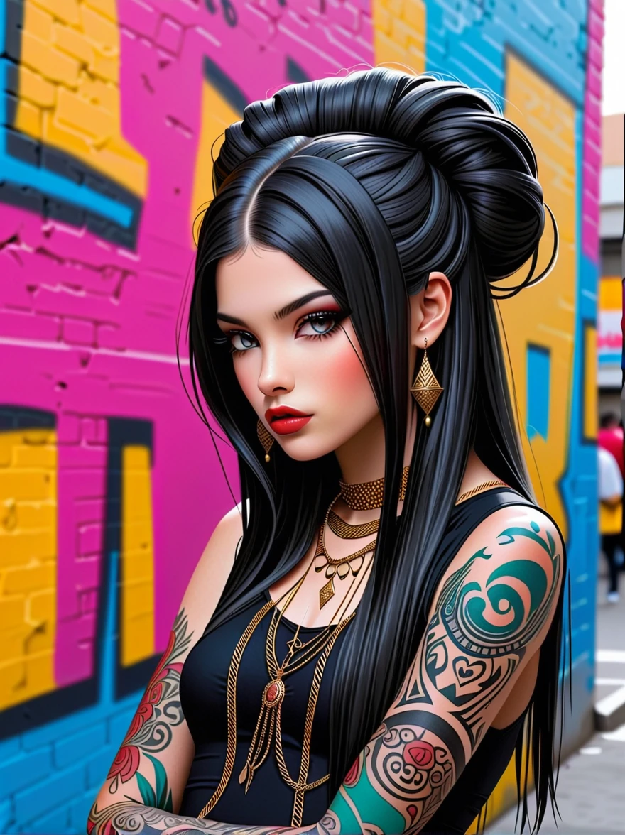 Punk style, Fantasy Gothic, 1girl, A Middle Eastern girl, Princess，Skin covered with brightly colored tattoos，Her beauty is mesmerizing，Exuding a fierce atmosphere similar to that of a real street gang，Her outfits were inspired by royal attire，She has flowing black hair，Her surroundings suggest a bustling city landscape，Graffiti buildings everywhere，Further highlights her &quot;street&quot; aesthetic, Anatomically correct, Textured Skin, Standing in front of a graffiti style background，Add whimsy to the scene, To enhance the sharpness and modernity of the scene，Sharp lines，Bold brushstroke numbers