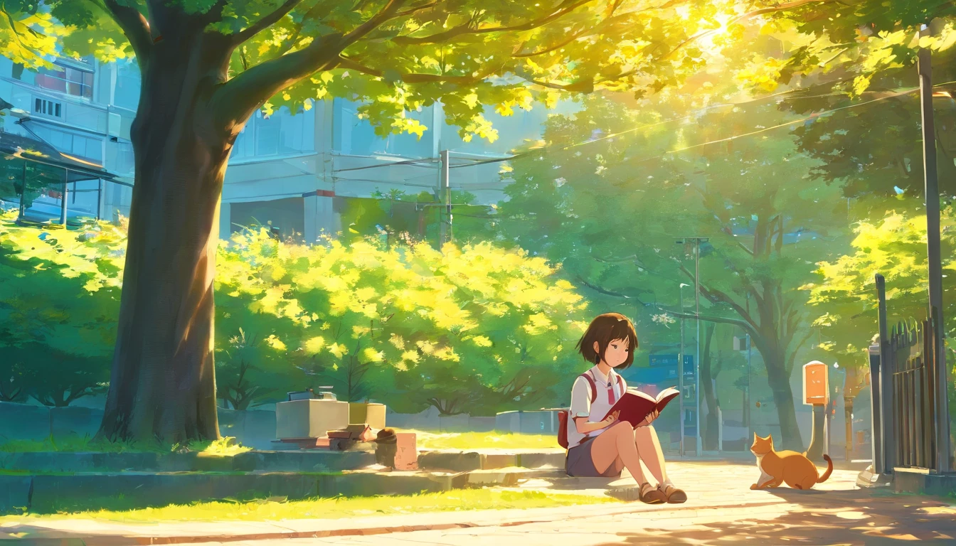 masterpiece, Better Quality,A girl sitting under a tree and reading a book,The sunlight filtering through the trees illuminates the girl,Turn the pages of a book,In the background is a high school building.,A brown cat sleeping next to a girl,Blur the background