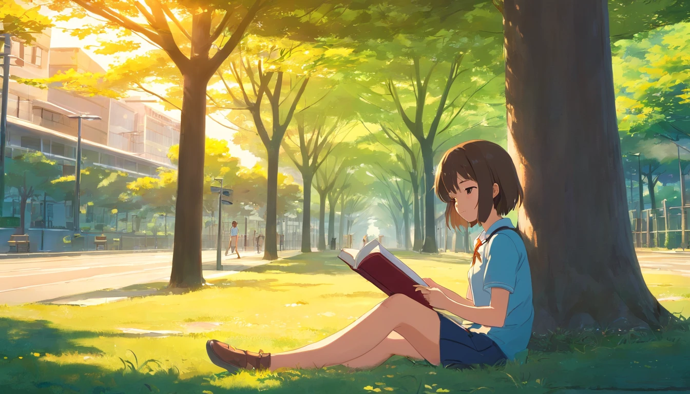 masterpiece, Better Quality,A girl sitting under a tree and reading a book,The sunlight filtering through the trees illuminates the girl,Turn the pages of a book,In the background is a high school building.,A brown cat sleeping next to a girl,Blur the background