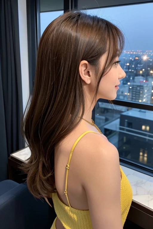 PCで為替チャートを見ている女性のBack view。Realistic portrait of a young woman with long brown hair and a cheerful expression。In the background is the night view from a luxury hotel.。High-rise Hotel。High-rise apartment。The woman is wearing a black top and a gold necklace.、パソコンで為替のチャートを見ているBack view。Eyes on the screen。Captured a vibrant atmosphere。View from directly behind。Looking at the screen。Photo of the back of the head。Brown Hair。Hair style is light waves。Back view。
