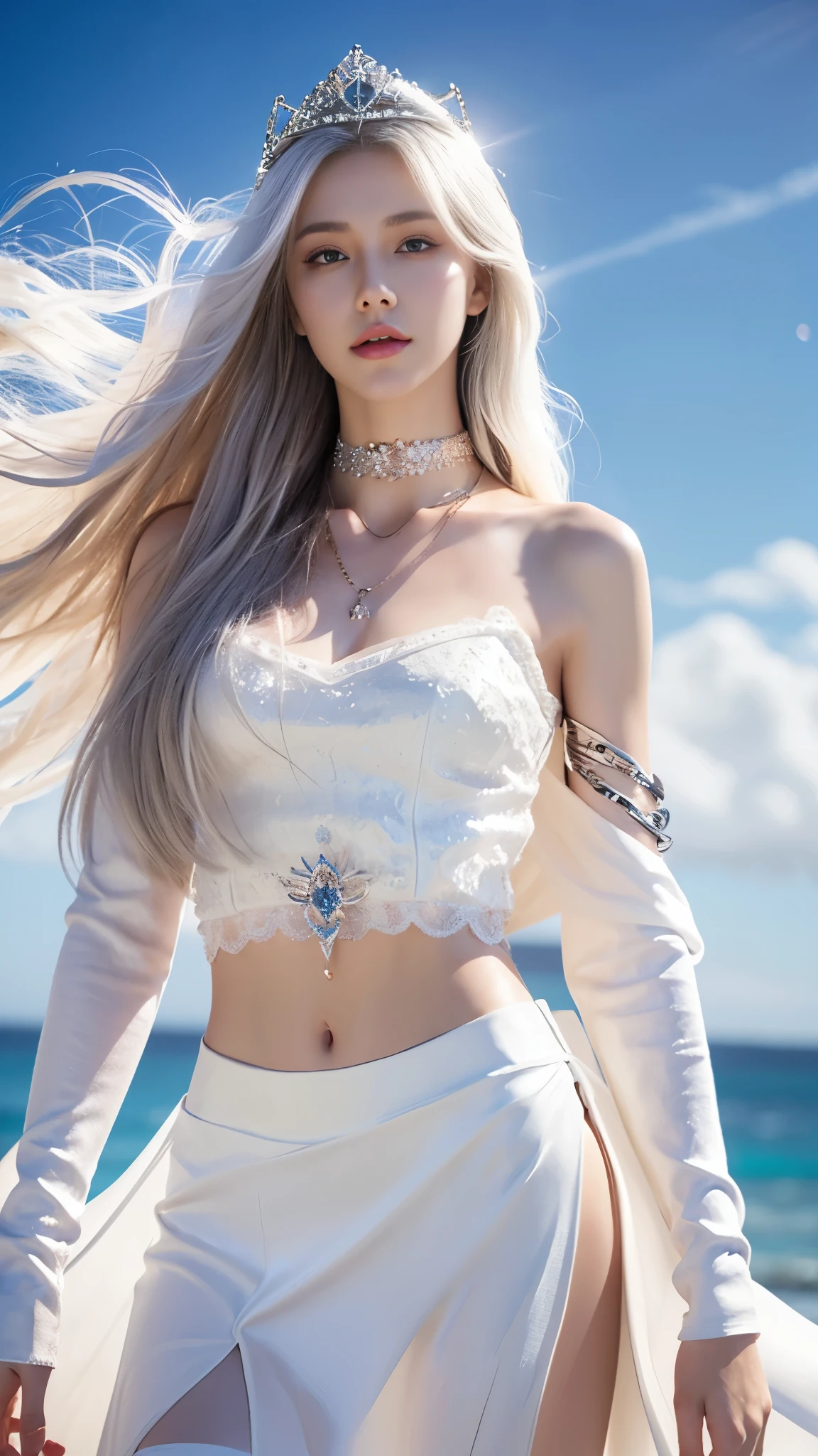 photorealistic, 1girl, ((slim body)), long hair, gradient hair, solo, detailed eyes, jewelry, bracelet, choker, small breasts, looking at viewer, realistic, necklace, (((white princess))), long skirt, thigh highs, white cape, sardine, lace, evening, sunlight, clouds, in the sky, clouds, realistic sun light,, detailed, upper body,