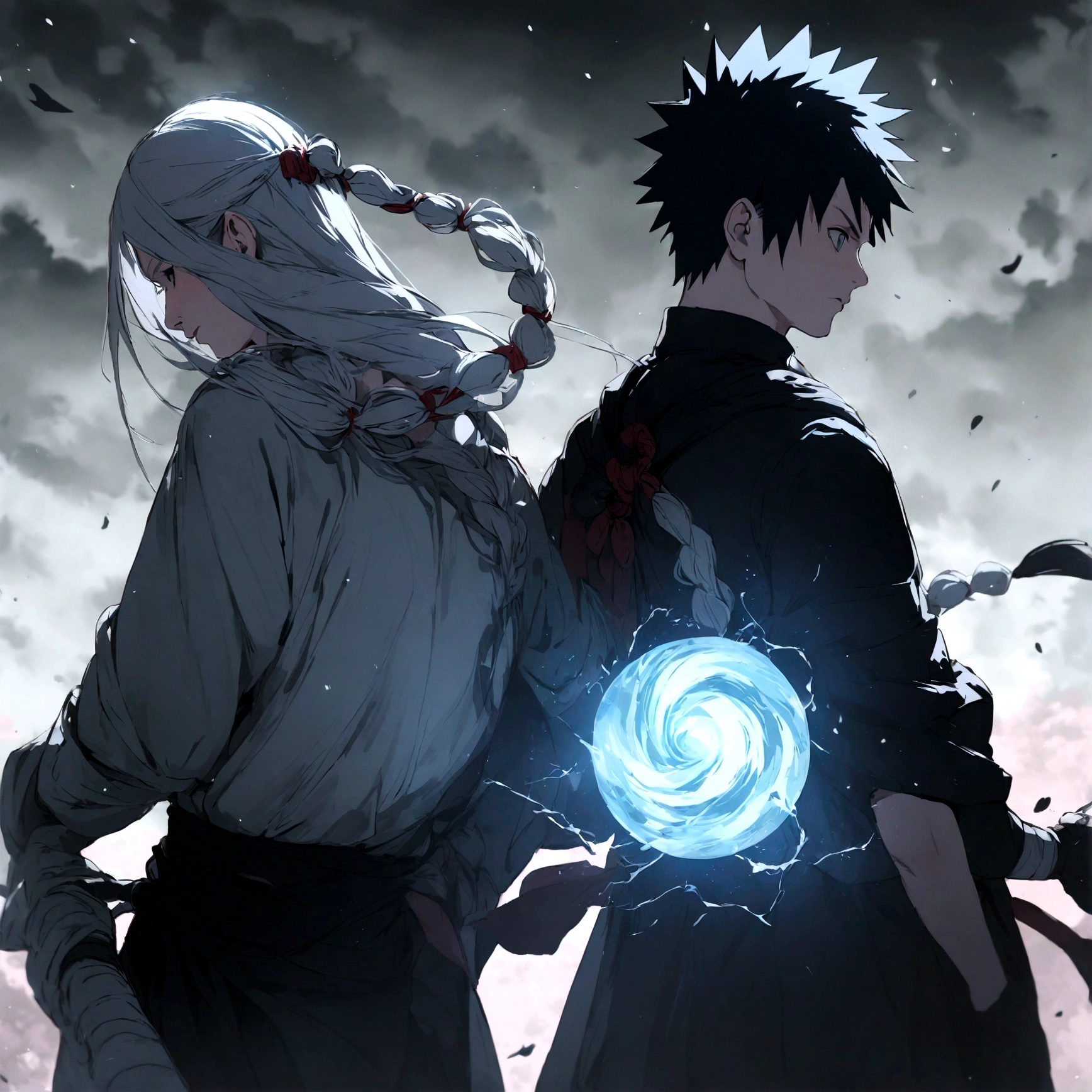 Naruto preparing rasengan back to back with Sasuke preparing chidori