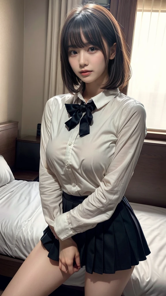 masterpiece, best quality, illustration, Super detailed, fine details, High resolution, 8K,wall paper, perfect dynamic composition,(Details High quality, realistic depiction of eyes:1.3), standing, (collared shirt:1.1), pleated skirt, short bob hair、black hair color, Big Natural Color Lip, bold sexy pose, crying a little、cold gaze, Harajuku style、acrobatic pose, 20 year old girl、cute type、ta、beautiful legs, hotel room, gravure idol, Voluptuous thighs, huge breasts, Don't expose it