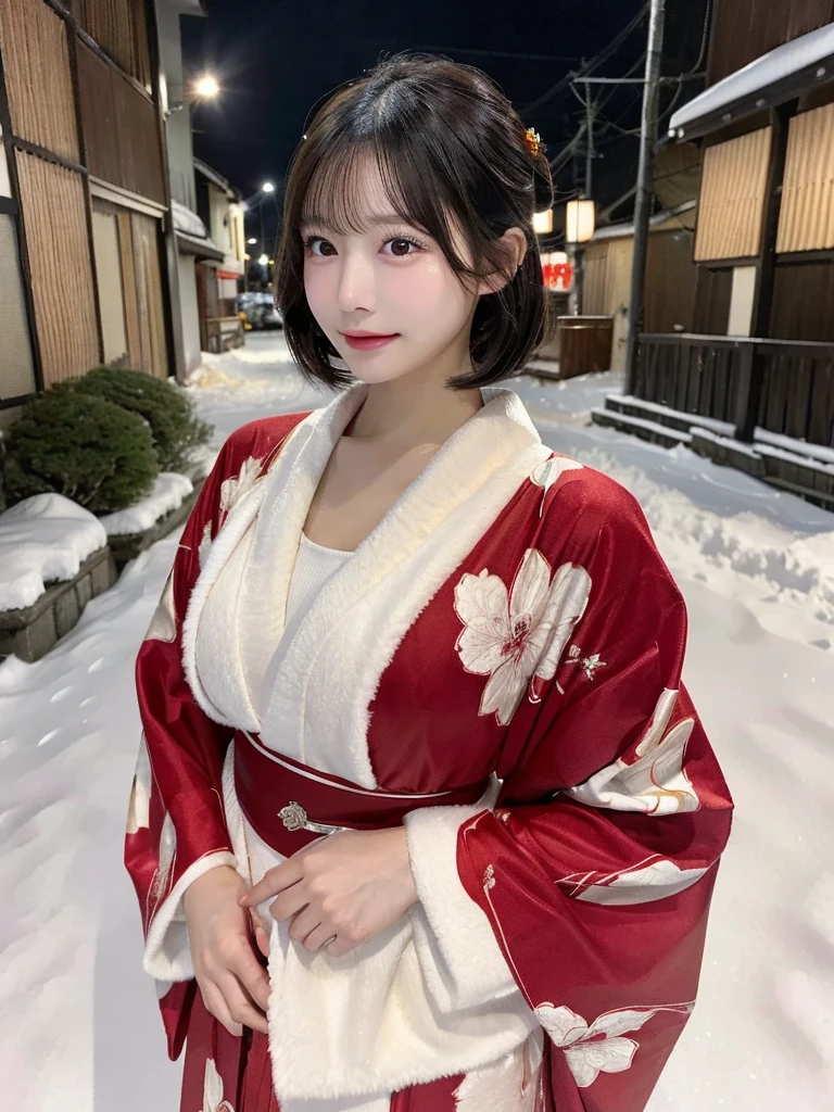 A gorgeous Japanese lady, 22-year-old, gravure model, wearing a yellow kimono, exquisitely detailed, photorealistic, masterpiece quality, 16k ultra-high resolution. Flawless skin texture, healthy complexion, enormous round breasts, Short dark hair in a bob style. Surrounded by falling snow at night, with the light reflecting off the snow. Hair swaying gently in the wind.