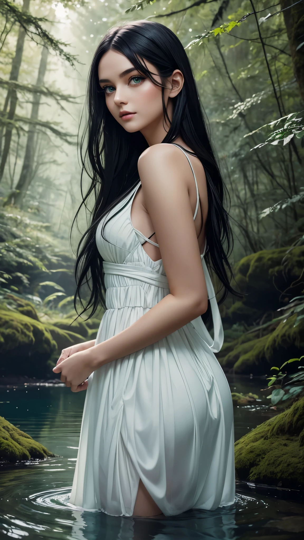 Beautiful girl with green eyes and black hair lake in white dress in a beautiful forest photo shoot
