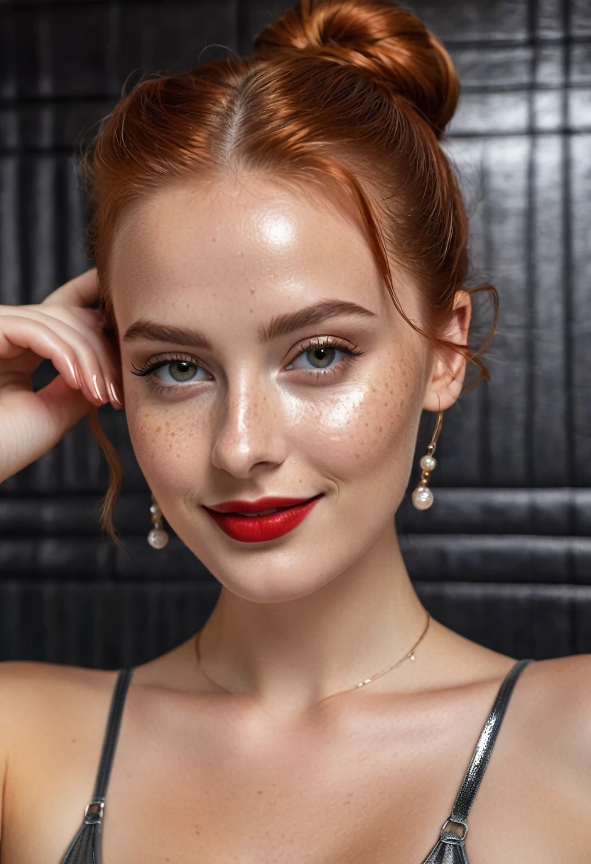 hyperrealistic beautiful busty 20-year-old woman with long legs wearing tiny metallic onepiece swimsuit, model shooting full body photography, natural redhead classic bun, freckles, soaky wet skin, dark eye makeup with eyeliner, seductive smile, red lips, small necklace, 8K, Best quality, Meisterwerk, ultra high resolution, (Realismus: 1.4), Originalfoto, (realistische Hautstruktur: 1.3), (Filmkorn: 1.3), (Selfie-Winkel), 1 girl, Beautiful round hazel eyes and facial details, Meisterwerk, Best quality, indoor photography in front of a shiny leather wall, nsfw