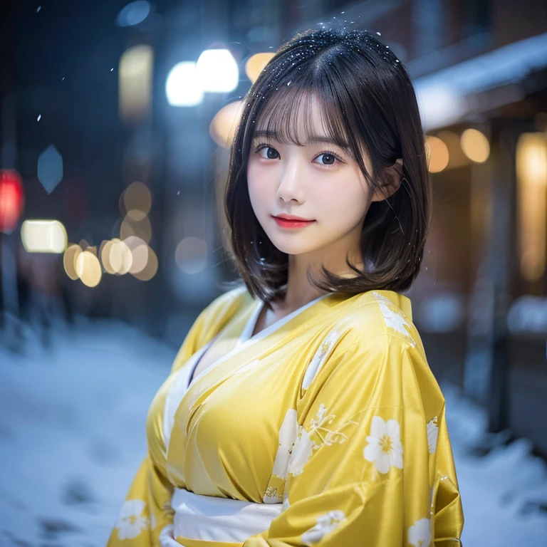 A gorgeous Japanese lady, 22-year-old, gravure model, wearing a yellow kimono, exquisitely detailed, photorealistic, masterpiece quality, 16k ultra-high resolution. Flawless skin texture, healthy complexion, enormous round breasts, Short dark hair in a bob style. Surrounded by falling snow at night, with the light reflecting off the snow. Hair swaying gently in the wind.