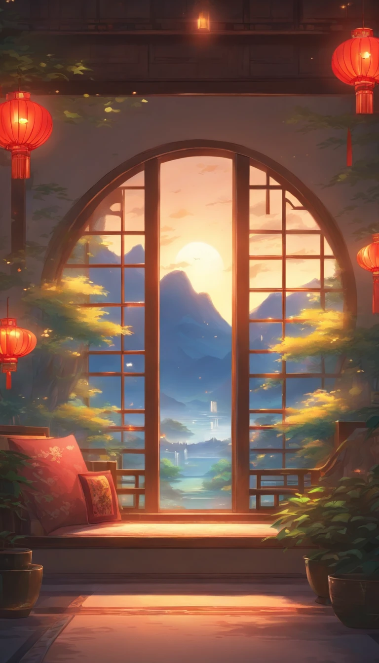 Background Chinese style room sofa big round window beautiful nature night view no people