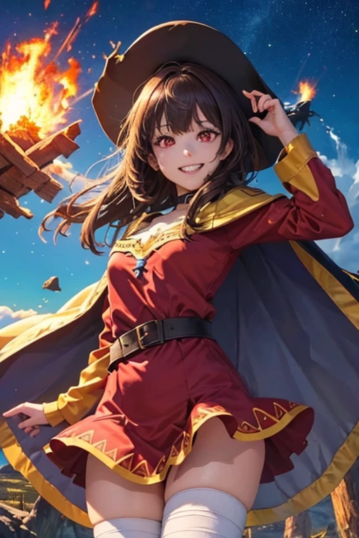 masterpiece, highest quality, Super detailed, figure, amazing lighting, Cinematic composition, One girl, Megumin, Meguminのスタイル, Big hat, Cape, Small breasts, Bandaged leg, Single knee socks, alone, (Red eyes:1.2), (Glowing Eyes:1.1), Burning eyes, Captivating Gaze, Brown Hair, bangs, View Viewer, From below, amazing, intense, Cinematic, (Grin:1.1), A light smile, Fantasy, Medieval, magic, spell, wood, nature, high up, Mountain, explosion, Mushroom cloud, destruction, Mountain destroyed, shock wave, Particle Effects, Lens flare, flying rubble, night, dark, darkness, Shadow, (8k:1.1)