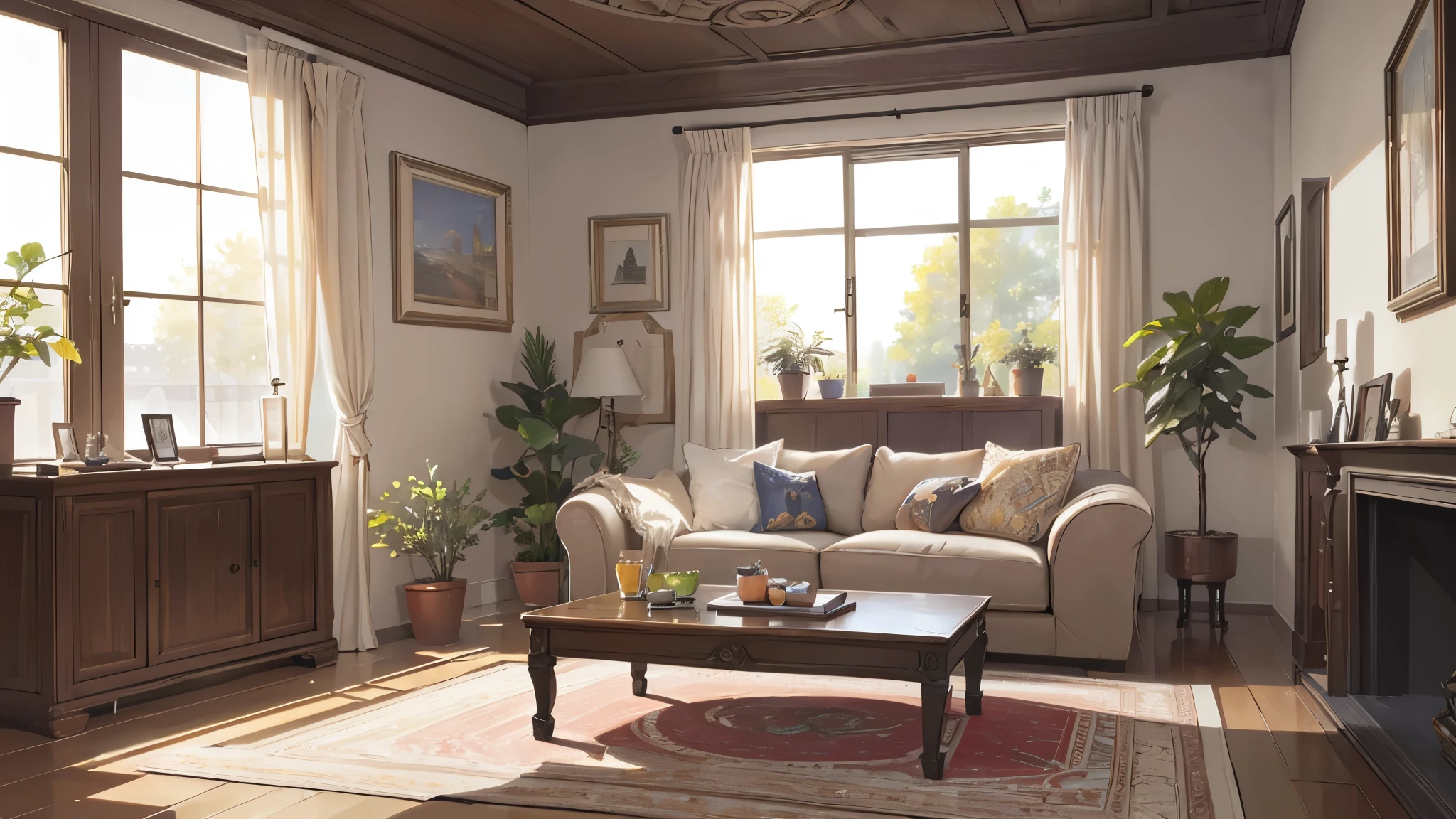 (Best quality, 4K, 8K, high resolution, masterpiece: 1.2), extremely detailed, (no one: 1.5), indoor, living room, cozy indoor, potted plants