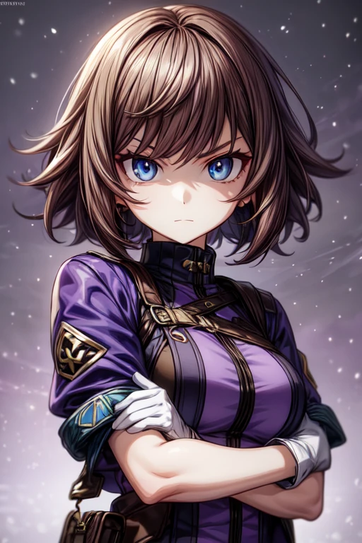 girl, Brown hair, square haircut, With a bang, Purple winter jacket with green sweater inside, arms crossed, slightly serious expression, big eyes,  White gloves, Blue eyes, anime, 4k