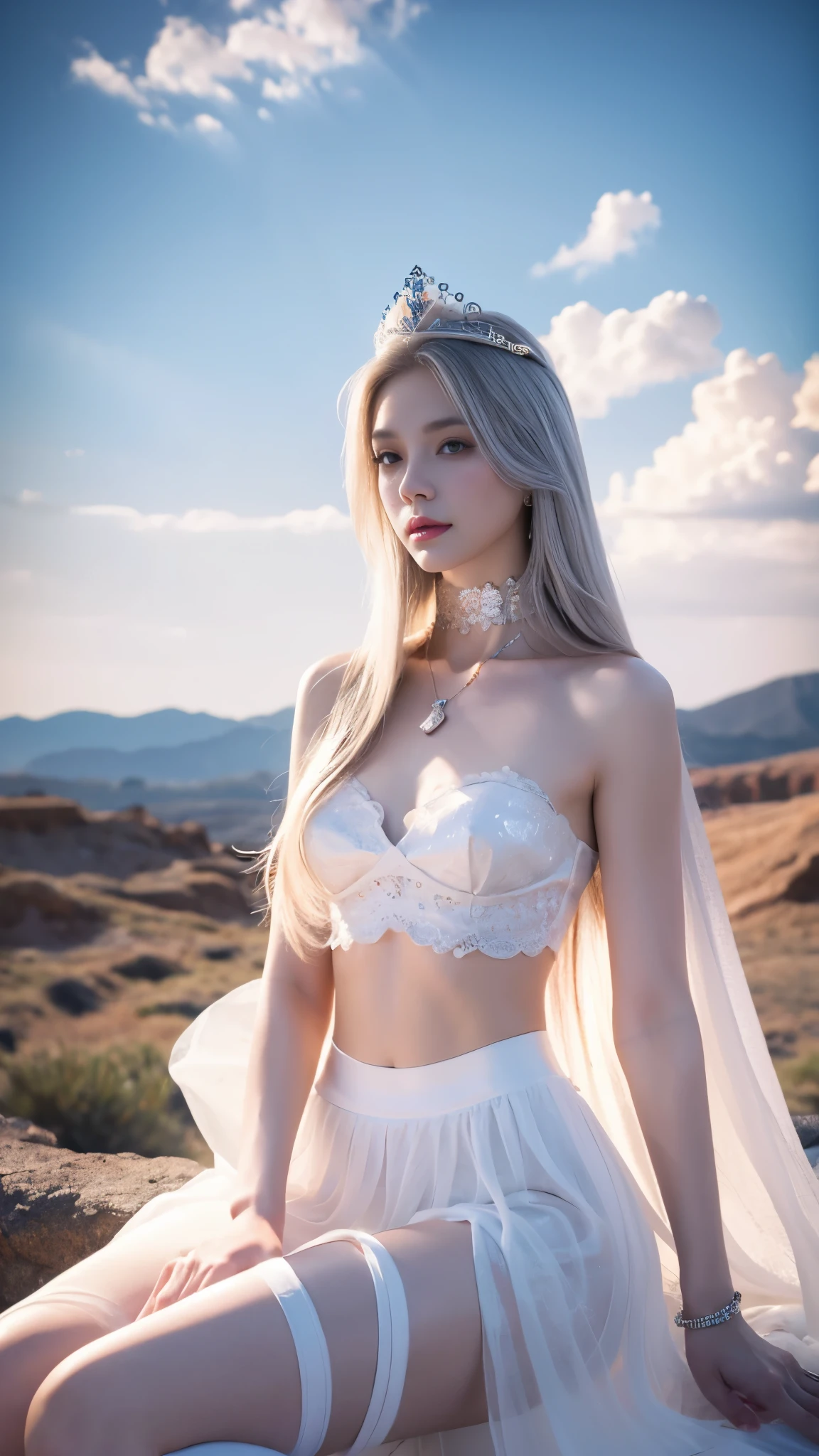 photorealistic, 1girl, ((slim body)), long hair, gradient hair, solo, detailed eyes, jewelry, bracelet, choker, small breasts, looking at viewer, realistic, necklace, (((white princess))), long skirt, thigh highs, white cape, sardine, lace, evening, sunlight, clouds, in the sky, clouds, realistic sun light,, detailed, upper body, sitting,