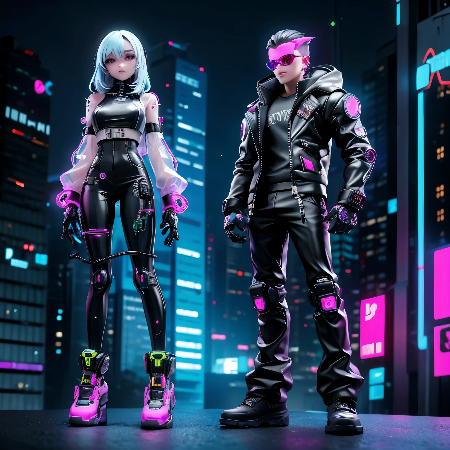 A man with cyberpunk-style mechanical body parts stands out. His transparent skin reveals circuits and cables, His eyes flash with colored LEDs. Limbs made of a mixture of flesh and metal, Possessing advanced prosthetics and cybernetic interfaces. Wearing a black leather jacket, The characters are set in a dystopian urban environment,There are ruined skyscrapers everywhere. The image represents the fusion of humans and machines in a cyberpunk future world