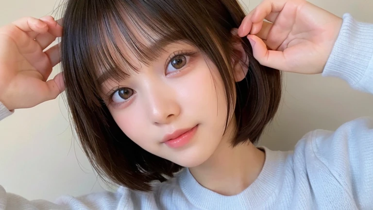 Tabletop, highest quality, shape, Very detailed, finely, High resolution, 8k wallpaper, 完璧なダイナミックな構shape, Beautiful and detailed, Latest fashion trends in Tokyo winter wear,Medium Hair, Small breasts, Natural color lip,smile,20-year-old girl、Midnight、Beautiful and elaborate face、Perfect and beautiful face、Slim face and figure,Spread your arms wide,Big eyes,Take a photo with your face raised from below your knees、Small face、Beautifully detailed face、Perfect and beautiful double eyelids