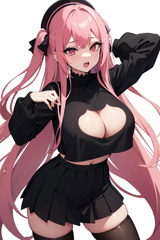 Extremely sexy girl with ahegao face with long pink hair, wearing a black top with a sweetheart cutout in the middle. She wears a black pleated skirt with white stripes and black stockings.