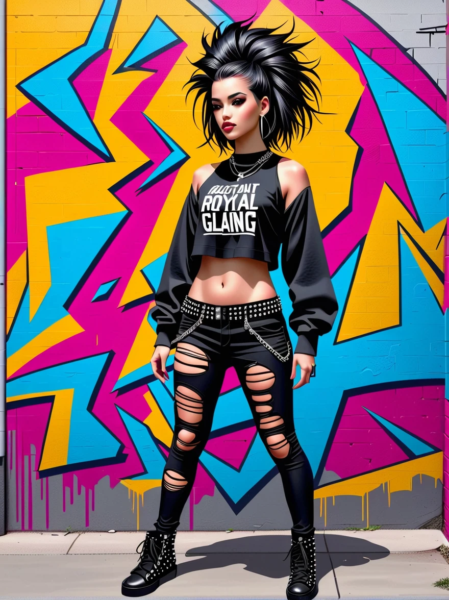Punk style, Fantasy Gothic, 1girl, A Middle Eastern girl, Princess，Skin covered with brightly colored tattoos，Her beauty is mesmerizing，Exuding a fierce atmosphere similar to that of a real street gang，Her outfits were inspired by royal attire，She has flowing black hair，Her surroundings suggest a bustling city landscape，Graffiti buildings everywhere，Further highlights her &quot;street&quot; aesthetic, Anatomically correct, Textured Skin, Standing in front of a graffiti style background，Add whimsy to the scene, To enhance the sharpness and modernity of the scene，Sharp lines，Bold brushstroke numbers
