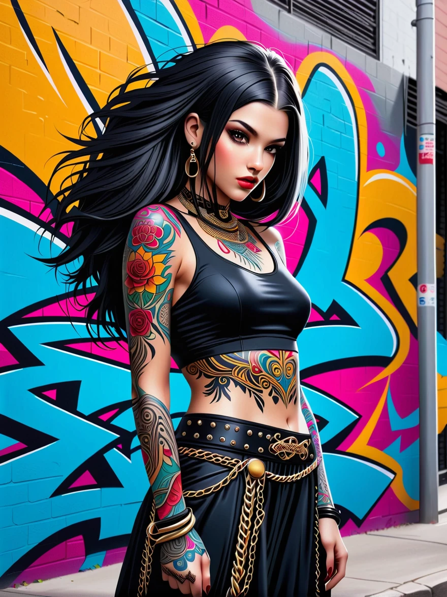 Punk style, Fantasy Gothic, 1girl, A Middle Eastern girl, Princess，Skin covered with brightly colored tattoos，Her beauty is mesmerizing，Exuding a fierce atmosphere similar to that of a real street gang，Her outfits were inspired by royal attire，She has flowing black hair，Her surroundings suggest a bustling city landscape，Graffiti buildings everywhere，Further highlights her &quot;street&quot; aesthetic, Anatomically correct, Textured Skin, Standing in front of a graffiti style background，Add whimsy to the scene, To enhance the sharpness and modernity of the scene，Sharp lines，Bold brushstroke numbers