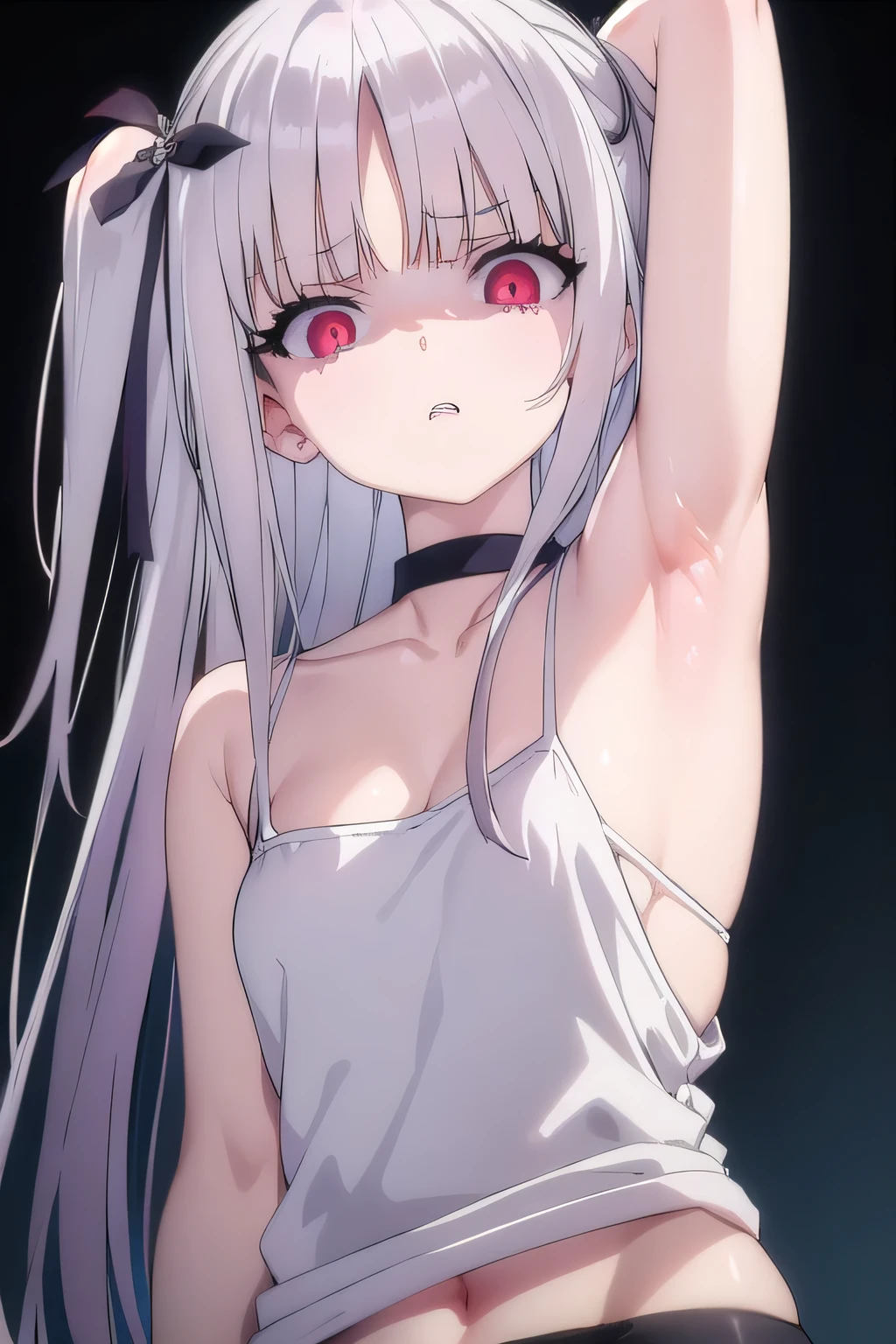 masterpiece, best quality, ultra-high-detailed, Disgusted face, white hair, red eyes, sigtuna julie , small breast, looking to viewer, deep eyes,  glare eyes, croptop, camisole, bare shoulder, focus to face, black background, upper body , cleavage, sweated a lot, one arm up, one arm behind head, armpit crease, pits, armpit warm