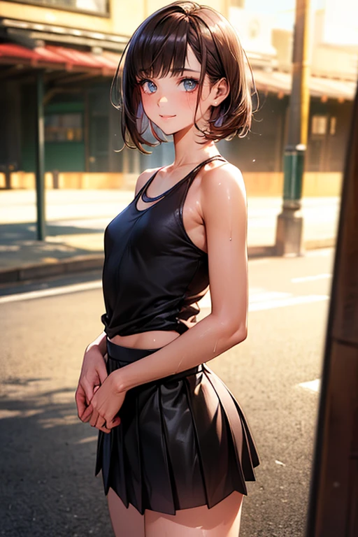 ((Perfect Anatomy:1.5,Realistic:1.3,Raw photo:1.3,masterpiece、highest quality、Ultra - High resolution、High resolution、Extremely detailed CG、8k)),Cowboy Shot,1 female,alone,guitarist、18-year-old、High school girl beautiful girl,Japanese,((Beautiful and exquisite face and eyes:1.2,Big beautiful eyes:1.2)),Dark brown hair,Short Bob Hair,bangs,Medium chest,Slender body,Small Head:1.3,skinny,(Oily skin,Glowing Skin,Shiny skin、Sweat)、walk、leather jacket、Black Tank Top、Checkered pleated skirt、Harajuku、Tokyo、