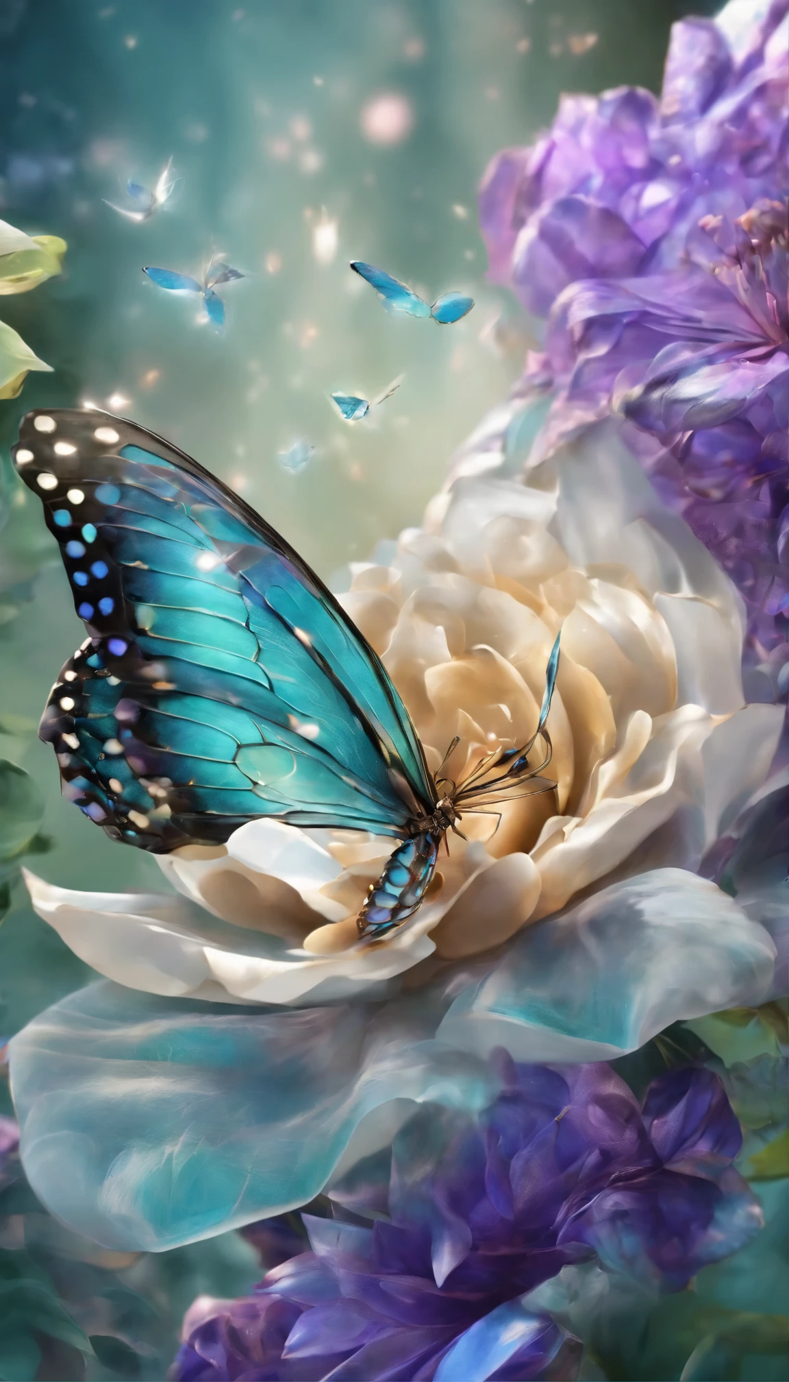 The background is greenblue,moon light,All expressed with jewels, the arrival of spring, various beautiful flower
, Beautiful purple swallowtail butterfly,angles looking up from below, various jewels falling from the sky, wonderful and beautiful superb view, slightly hazy, fantastic, high resolution, 8K, (best quality, highres, realistic:1.37), shiny metallic flowers, intricate and delicate petals, reflective surfaces, vibrant colors, intricate details, close-up view, surreal garden, surreal beauty, dreamy atmosphere, fine art, abstract botanicals, metallic sculpture, contrasting textures, ethereal glow