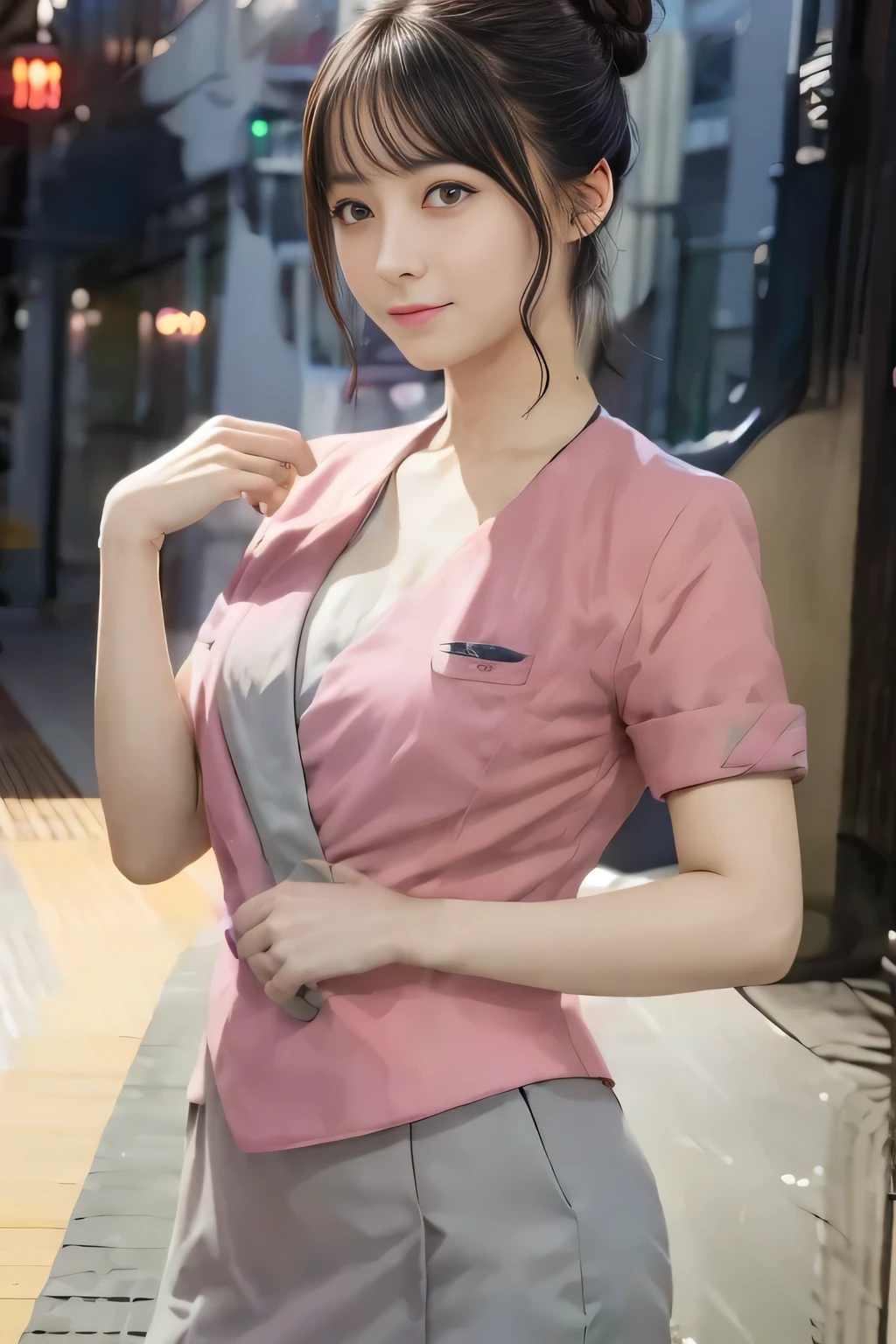 (masterpiece:1.2, highest quality:1.2), 32K HDR, High resolution, (alone、1 girl)、(On the rooftop of a building in the daytime、Professional Lighting)、Building rooftop background、(Nankai train crew uniform pinkを着たリアルスタイル)、(Nankai train crew uniform pink short sleeve pink jacket、Nankai Train Crew Uniform Pink Collarless Short Sleeve Blouse、Nankai Train crew uniform pinkのグレー色のキュロットスカート)、Dark brown hair、(Hair tied up、Hair Bun、Hair Bun)、Dark brown hair、Long Shot、Big Breasts、Thin legs、((Great hands:2.0)),((Harmonious body proportions:1.5)),((Normal limbs:2.0)),((Normal finger:2.0)),((Delicate eyes:2.0)),((Normal eyes:2.0)))、smile、(Nankai Train crew uniform pinkのグレー色のキュロットスカートを見せた美しい立ち姿)、Put your hands down、I have nothing in my hands