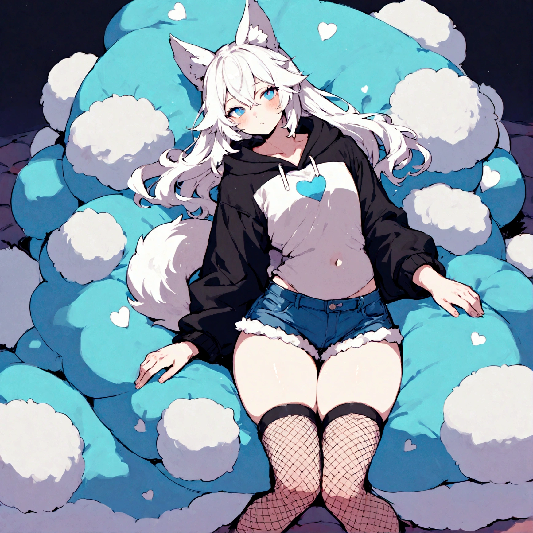 a cute adult male with wolf ears, white hair, has a wolf tail, wearing a loose cropped oversized black hoodie, wearing a pair of denim short shorts and fishnet stockings, thick thighs, wide hips, relaxing on mound of fluffy multi colored kawaii plushies, short, very slim, showing slender tummy, stretching out, heart on hoodie, squishy thighs, has glowing blue eyes. alone, solo (ALONE)(SOLO)