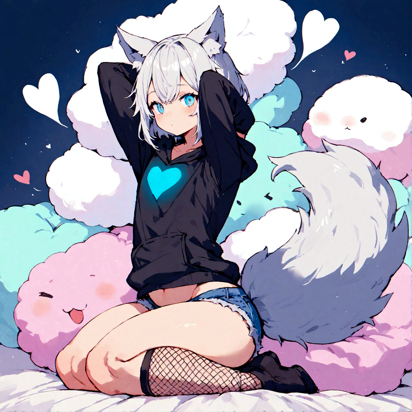 a cute adult male with wolf ears, white hair, has a wolf tail, wearing a loose cropped oversized black hoodie, wearing a pair of denim short shorts and fishnet stockings, thick thighs, wide hips, relaxing on mound of fluffy multi colored kawaii plushies, short, very slim, showing slender tummy, stretching out, heart on hoodie, squishy thighs, has glowing blue eyes. alone, solo (ALONE)(SOLO)