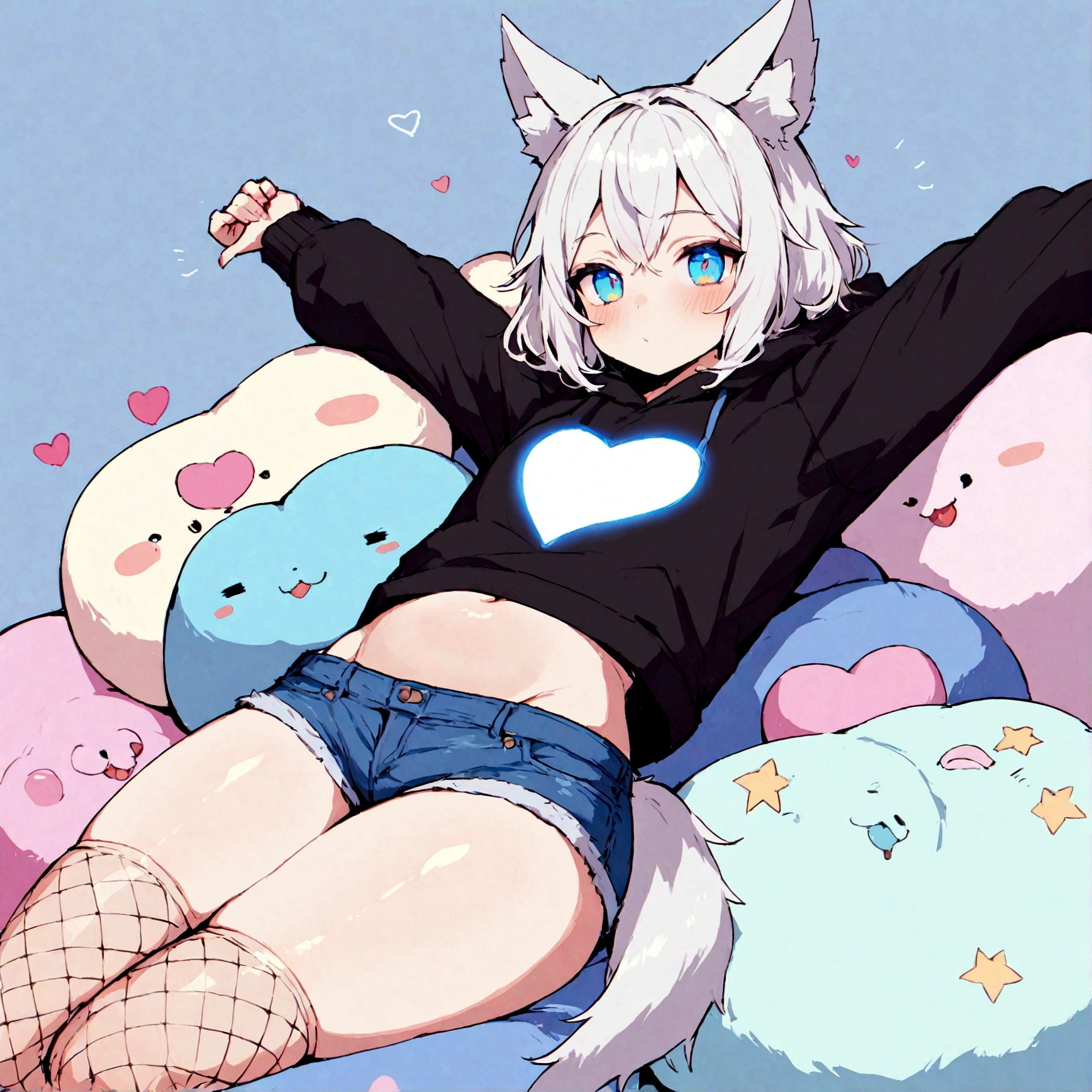 a cute adult male with wolf ears, white hair, has a wolf tail, wearing a loose cropped oversized black hoodie, wearing a pair of denim short shorts and fishnet stockings, thick thighs, wide hips, relaxing on mound of fluffy multi colored kawaii plushies, short, very slim, showing slender tummy, stretching out, heart on hoodie, squishy thighs, has glowing blue eyes. alone, solo (ALONE)(SOLO)