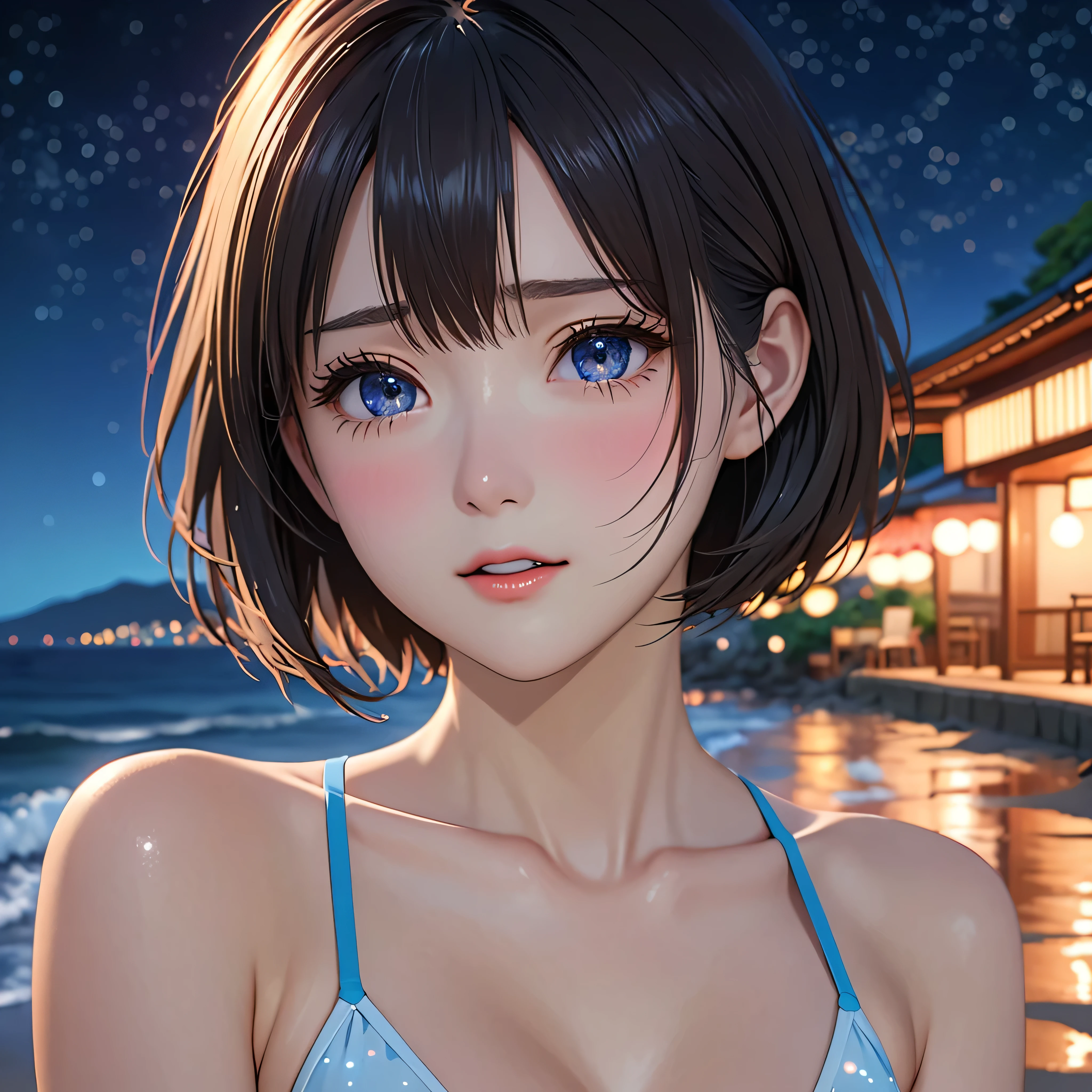National Science Foundation,masterpiece,High resolution,8K,Art,digit,Three-dimensional,Realism,Kyoto Animation Style,your name movie style,Facing the camera,night,midnight,Light,at the seaside,(1 female: 1.3),(alone: 1.4),Bikini,Long eyelashes,Long thin legs,Short Bob,Sexy pose,Close-up of upper body,Close-up,nightstarry sky,Eyes as deep as the starry sky,Blushed,shy,shy,open mouth,(Tearing up)