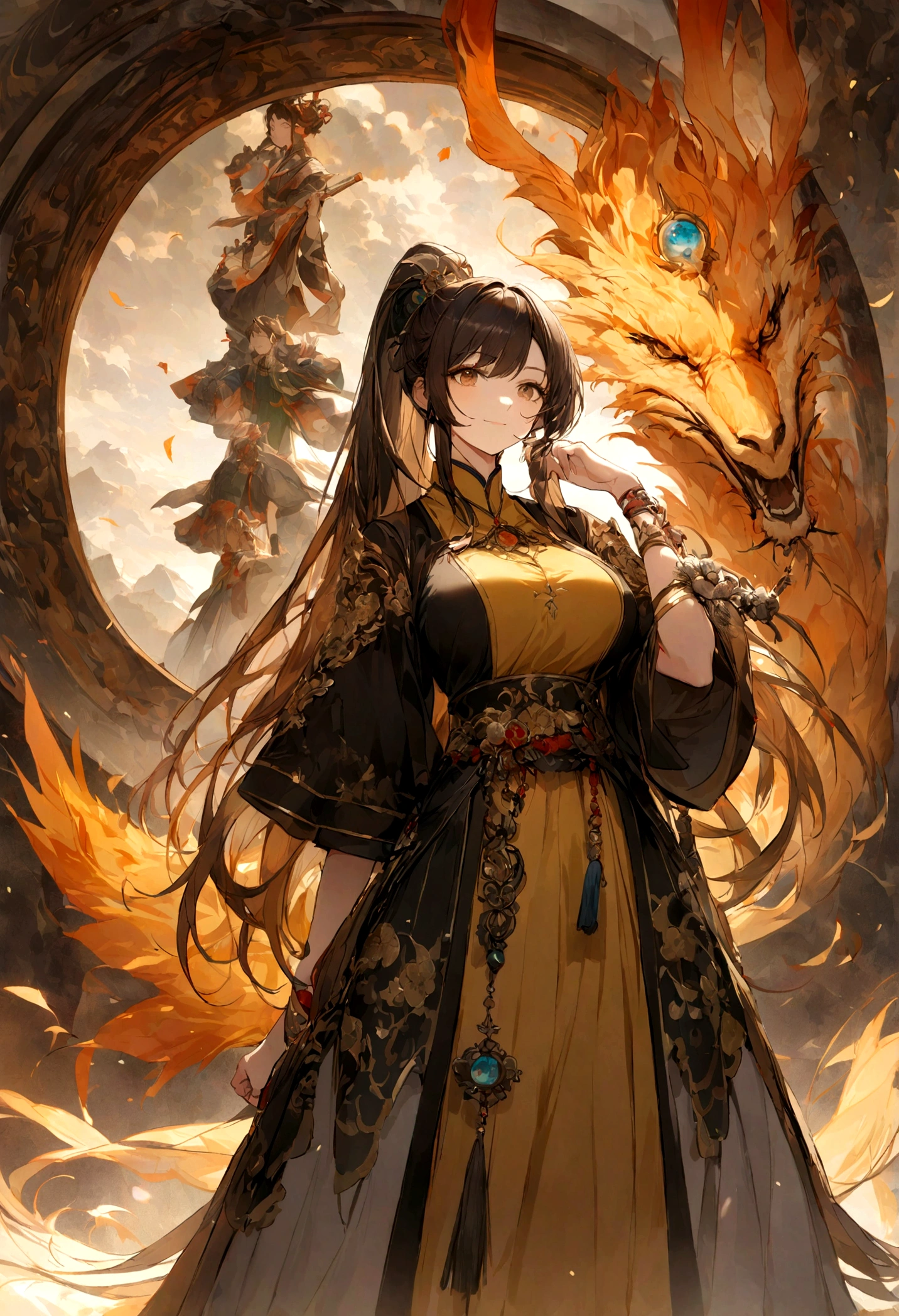 Chinese style ancient style girl,There is a phoenix behind it,The overall color is reddish-green, Shocking and domineering Chinese phoenix, Detailed phoenix head, brunette color hair, Long ponytail, Chino, cropped shoulders,, The is very detailed, dynamic angle, Beautiful lenses, (The most beautiful form of chaos), aethereal, (vivd colour), overclocking, (halfway: 1.2), Chinese big breasts, (thangka flying sky: 1.5), (Ribbons: 1.3), (Dream: 1.5), (Hanfu: 1.5), chinesedragon, Chinese Phoenix, (ssmile: 0.5), (Chinese God), (tmasterpiece, top-quality, best qualityer, ultimate details, highest details, offcial art, Beauty and aesthetics: 1.2), the golden ratio, absurdly long hairs, super long hairs