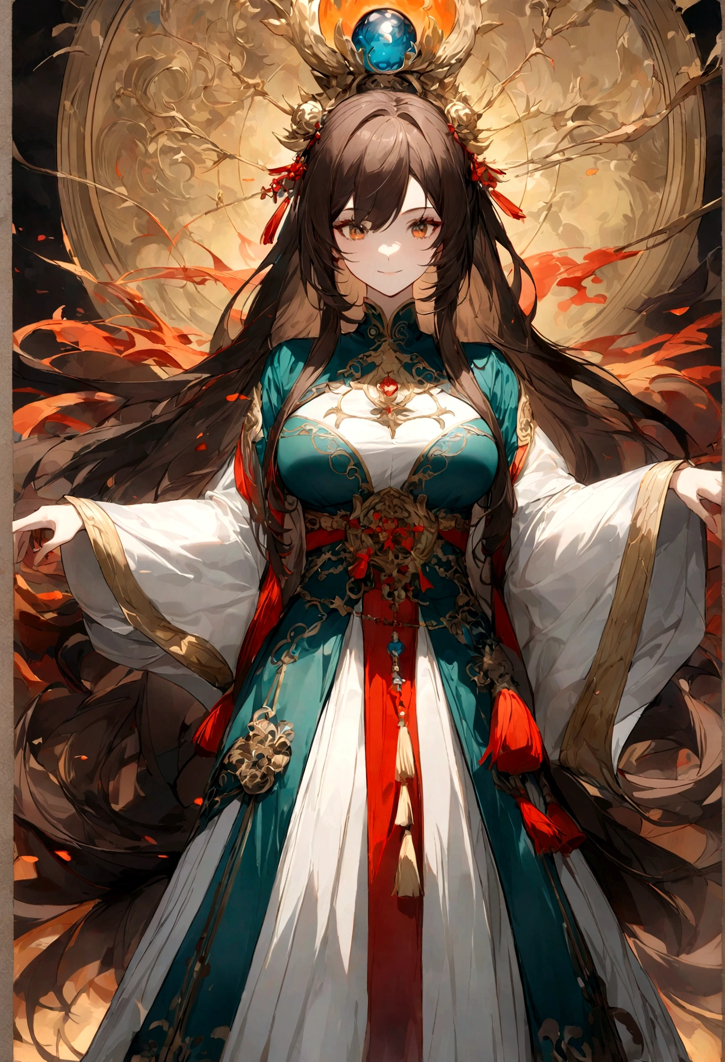 Chinese style ancient style girl，There is a phoenix behind it，The overall color is reddish-green, Shocking and domineering Chinese phoenix， Detailed phoenix head， brunette color hair， Long ponytail， Chino， cropped shoulders，， The is very detailed， dynamic angle， Beautiful lenses， （The most beautiful form of chaos）， aethereal， （vivd colour）， overclocking， （halfway： 1.2）， Chinese ， （thangka flying sky： 1.5）， （Ribbons： 1.3）， （Dream： 1.5）， （Hanfu： 1.5）， chinesedragon， Chinese Phoenix， （ssmile： 0.5）， （Chinese God）， （tmasterpiece， top-quality， best qualityer， ultimate details， highest details， offcial art， Beauty and aesthetics： 1.2）， the golden ratio, absurdly long hairs, super long hairs