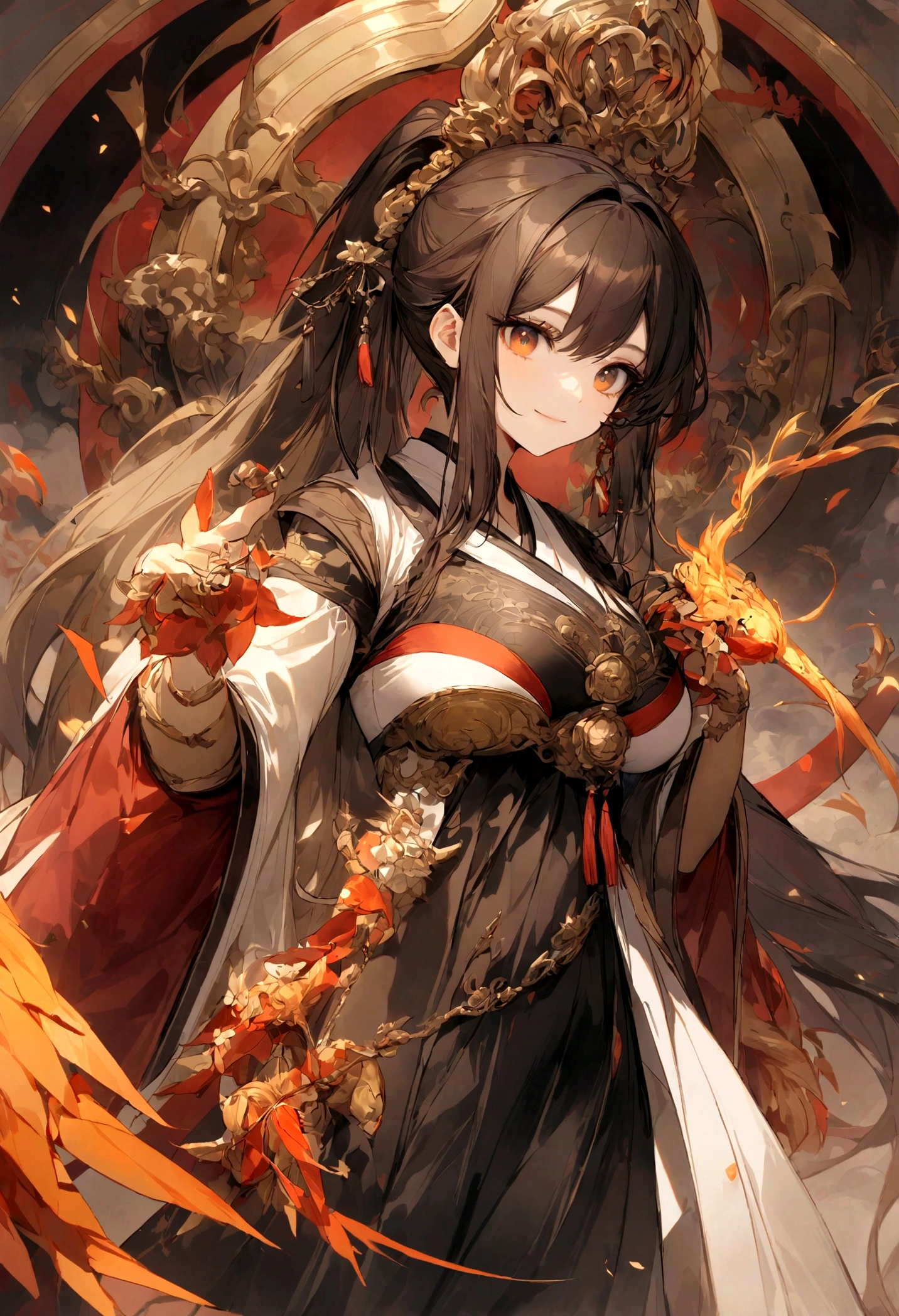 Chinese style ancient style girl,There is a phoenix behind it,The overall color is reddish-green, Shocking and domineering Chinese phoenix, Detailed phoenix head, brunette color hair, Long ponytail, Chino, cropped shoulders,, The is very detailed, dynamic angle, Beautiful lenses, (The most beautiful form of chaos), aethereal, (vivd colour), overclocking, (halfway: 1.2), Chinese big breasts, (thangka flying sky: 1.5), (Ribbons: 1.3), (Dream: 1.5), (Hanfu: 1.5), chinesedragon, Chinese Phoenix, (ssmile: 0.5), (Chinese God), (tmasterpiece, top-quality, best qualityer, ultimate details, highest details, offcial art, Beauty and aesthetics: 1.2), the golden ratio, absurdly long hairs, super long hairs